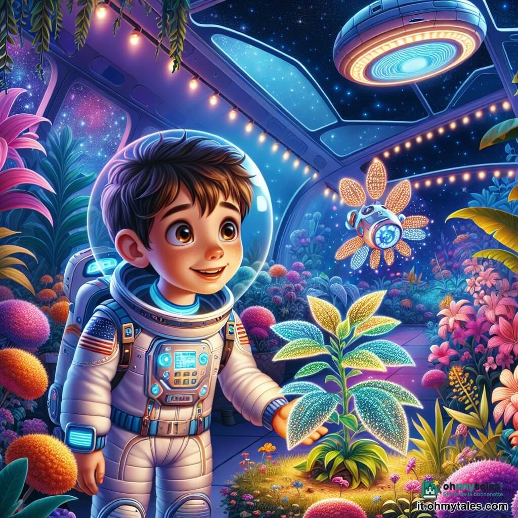 Un giovane di nome Luca, con capelli castani e occhi pieni di entusiasmo, indossa una tuta spaziale bianca e blu. Sorride davanti a una serra meravigliosa piena di piante colorate, osservando con stupore una pianta dalle foglie scintillanti. Accanto a lui, un drone fluttuante, lucido e metallico, sembra incoraggiarlo nella sua scoperta. Sullo sfondo, il comandante Rossi, una donna di circa quarant'anni con capelli corti e occhiali, si trova vicino alla porta della navetta, sorvegliando attentamente Luca mentre sorride orgogliosamente. Il luogo è un giardino botanico stellato, illuminato da luci scintillanti e pieno di fiori dai colori vivaci, sotto un cielo nero punteggiato di stelle brillanti. La serra è circondata da piante esotiche dalle forme strane, creando un'atmosfera magica e futuristica. La scena principale mostra Luca che scopre una pianta misteriosa, con un'espressione incantata sul volto, mentre si prepara a risolvere un problema utilizzando il suo equipaggiamento.