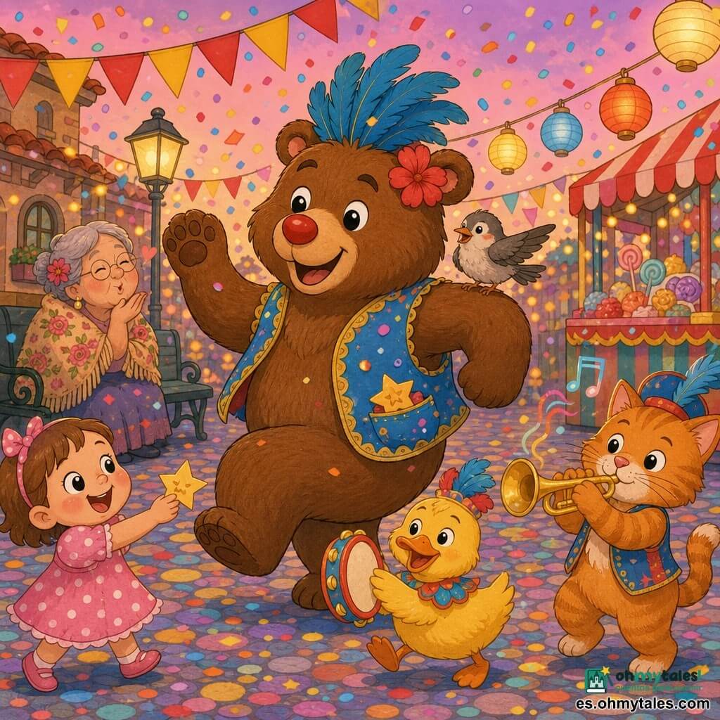 Un gran oso pardo llamado Bruno, con amplia sonrisa y ojos brillantes, lleva un traje de carnaval con plumas azules y una gran flor roja en la oreja, nariz pintada de rojo; baila levantando una pata y tiene una pequeña estrella de papel visible en el bolsillo del chaleco. Un gorrión posado en su hombro izquierdo lo mira invitando a bailar. A la derecha, un gato naranja toca una trompeta dorada sonriendo; un pato amarillo con un panderete marca el ritmo junto a los pies de Bruno. A la izquierda, una niña con vestido rosa de lunares le ofrece una estrella de papel riendo. En un banco, una abuela de pelo gris y chal floreado da un beso bajo farolillos. La calle es un río de colores: adoquines brillantes, guirnaldas rojas y amarillas, puestos de dulces y faroles, y una lluvia de confeti multicolor. La escena central muestra a Bruno en el centro, bailando suavemente bajo el confeti al anochecer, con luz cálida y cielo rosado, ambiente de carnaval.