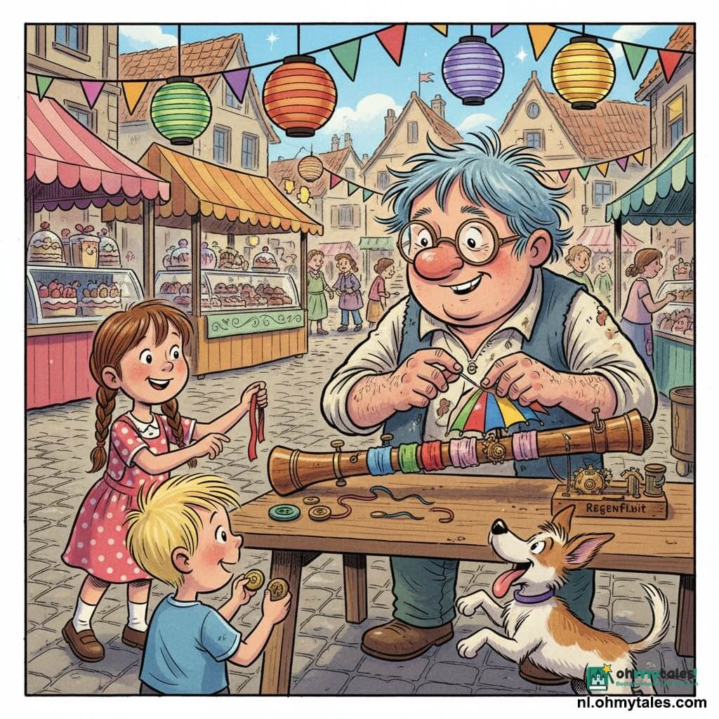 Lode, een glimlachende uitvinder met rond gezicht, scheve bril, grijsgroen warrig haar en een versleten bevlekte trui, repareert op een houten tafel een vreemde houten "Regenfluit" met zeven sleuven, gekleurde stofmofjes en kleine messing tandwieltjes; zijn handen zitten vol olie- en lijmvlekjes; links reikt een meisje van ~7 met twee bruine vlechten en stippenjurk op haar tenen een rood lint aan, een blond jongetje van ~6 houdt een oud knoopje en kijkt verwonderd, en een blije hond springt tegen de kraam en heeft een hoek van een klein parapluutje verkreukeld; op het feestelijke dorpsplein met geplaveide grond, gekleurde papieren lampionnen en zoetekraampjes hangen warme lampen — warme, speelse sfeer vol kleine lichtvonken.