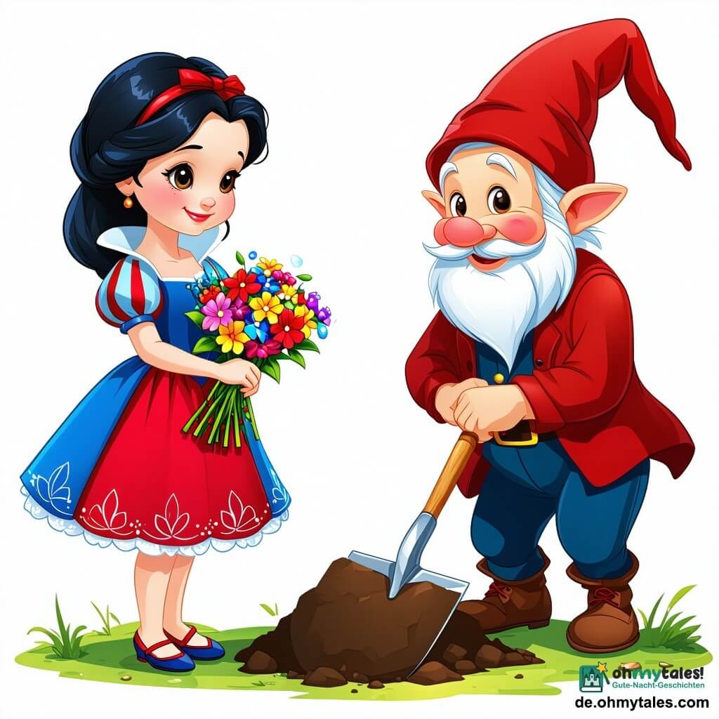 Schneewittchen, ein junges Mädchen mit schwarzen Haaren wie Ebenholz und einer Haut so weiß wie Schnee, steht im Zentrum des Bildes. Sie trägt ein rot-blaues Kleid mit floralen Mustern und ihr Gesicht drückt eine sanfte Entschlossenheit aus. Sie lächelt mit funkelnden Augen vor Freude und hält einen kleinen Strauß bunter Blumen in ihren zarten Händen. An ihrer rechten Seite gräbt ein fröhlicher Zwerg namens Grumpy, etwa 40 Jahre alt, mit einem braunen Bart und einer roten Spitzmütze, den Boden mit einer kleinen Schaufel um. Er schaut Schneewittchen mit einem verschwörerischen Lächeln an, seine Augen leuchten vor Bewunderung. Links von ihr beobachtet eine weise alte Frau, eine der Ältesten des Dorfes, mit grauen Haaren und einem beigen Leinenkleid, die Szene mit einem wohlwollenden Blick. Sie hält einen Korb voller frischer Früchte und Gemüse, bereit, mit anderen zu teilen. Die Szenerie spielt in einer sonnigen Lichtung, umgeben von majestätischen Bäumen mit strahlend grünen Blättern. Bunte Wildblumen säumen den Boden und ein Erdweg schlängelt sich durch den Wald. Die Hauptsituation zeigt Schneewittchen und die Zwerge, die gemeinsam an einem einladenden Weg arbeiten, was die Einheit zwischen Mensch und Natur symbolisiert. Sie lachen und tauschen Ideen aus, während Vögel fröhlich in den Ästen über ihnen singen.