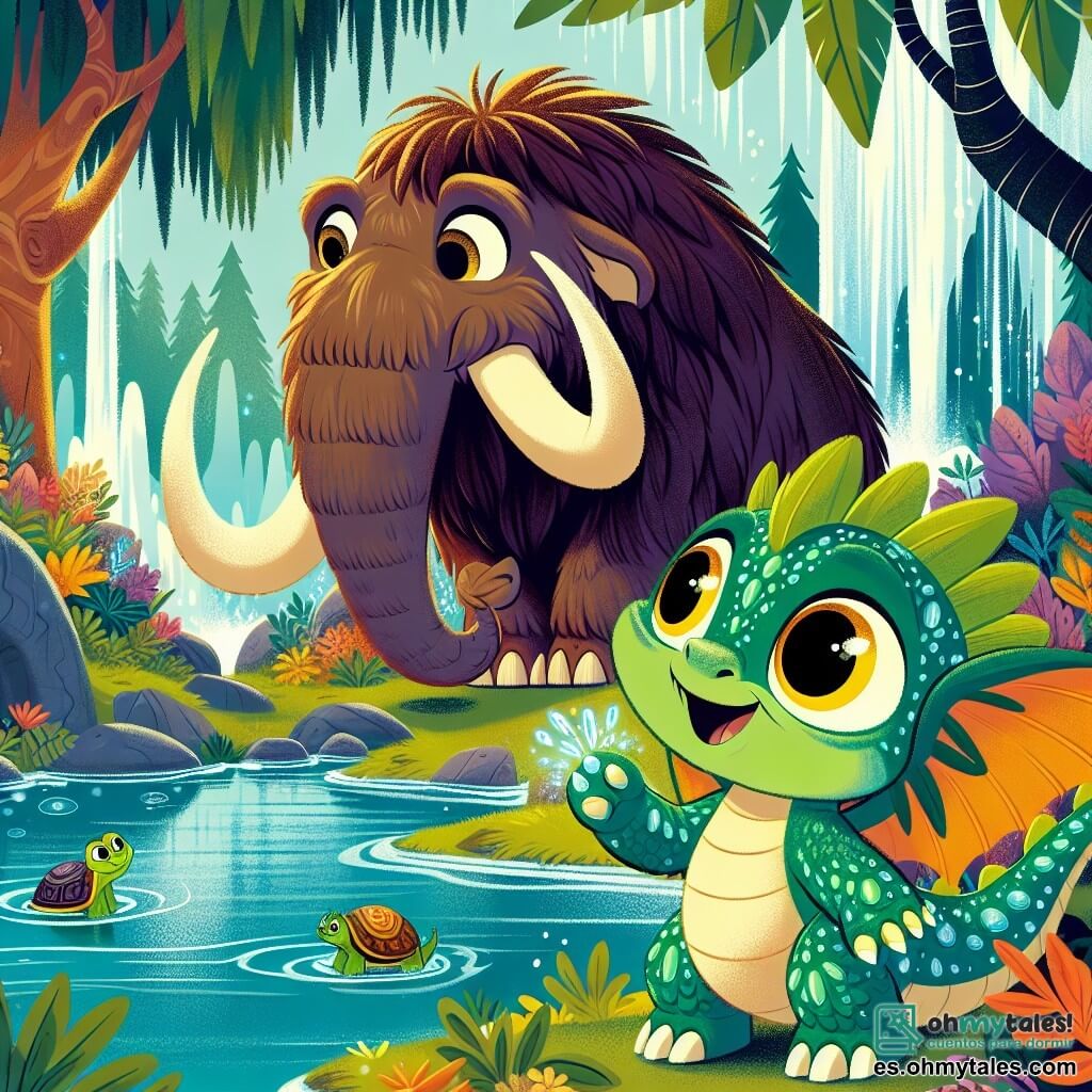 Un pequeño dragón llamado Dimi, con escamas verdes brillantes como esmeraldas, grandes ojos amarillos llenos de emoción y una sonrisa alegre, se encuentra al borde de un hermoso arroyo. Observa maravillado los reflejos brillantes del agua, con sus pequeñas patas listas para zambullirse en la aventura. A su lado, un enorme mamut llamado Mimo, con un espeso pelaje marrón y colmillos largos y curvados, sonríe, sus ojos dulces muestran una gran amistad. Observa a Dimi con curiosidad, listo para compartir sus conocimientos sobre el pasado. Un poco más lejos, una tortuga llamada Tula, con un caparazón colorido y ojos traviesos, se inclina para recoger frutas. Sonríe al mirar a Dimi, feliz de compartir este momento de aprendizaje y descubrimiento. El lugar es un bosque encantado, lleno de árboles gigantes con hojas vibrantes y flores de colores brillantes. El arroyo serpentea suavemente, rodeado de piedras brillantes y plantas exuberantes, creando una atmósfera mágica. La situación principal muestra a Dimi, Mimo y Tula descubriendo juntos las maravillas de este mundo antiguo, riendo y jugando mientras aprenden los secretos de la naturaleza.