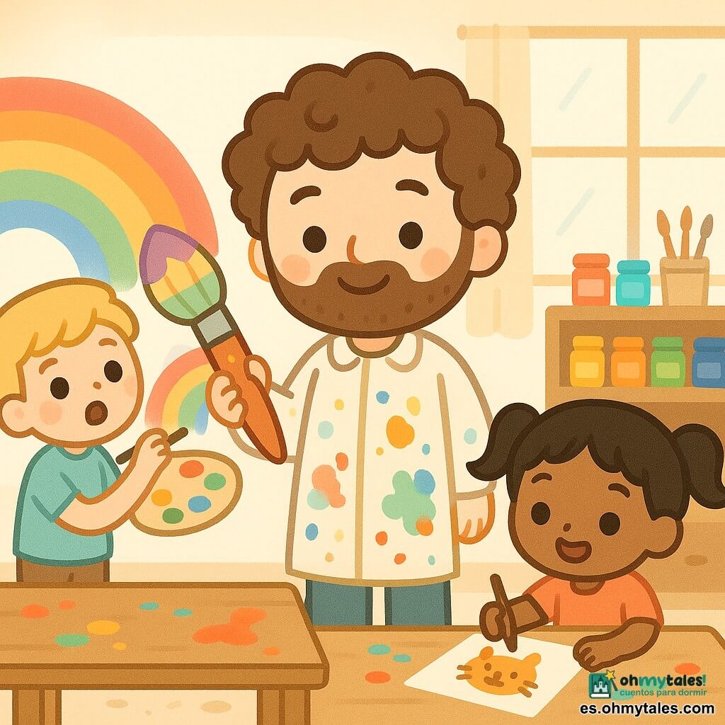 Un artista sonriente y bondadoso, cabello rizado castaño, barba suave y ojos brillantes, con una bata manchada de pintura y un gran pincel colorido pintando un mural; a su izquierda un niño de unos 8 años, pelo rubio corto y mirada maravillada, sostiene una paleta y pinta un arcoíris en la pared; delante, una niña de unos 6 años, coletas negras y rostro concentrado y alegre, pinta un animalito sonriente en una hoja sobre la mesa; el taller es luminoso, con grandes ventanas y cortinas claras, estanterías de madera con botes de pintura y pinceles, salpicaduras en el suelo y una gran mesa de madera al centro; escena de creación colectiva, el guía pinta parte del mural mientras los niños añaden colores, ambiente cálido, colores vivos, formas sencillas y composición alegre.