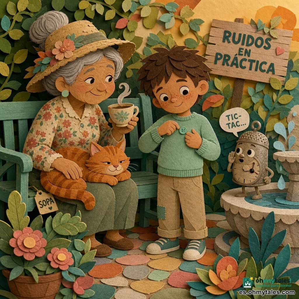 Mateo, un niño de 8 años, alegre y asombrado, de rostro redondo con pecas y pelo castaño desordenado, lleva un suéter verde menta y pantalón de lona; coloca suavemente un pequeño botón imaginario sobre su pecho como si cosiera un sombrero invisible en su corazón. A la izquierda, su abuela, mujer dulce de unos 70 años con cabello gris en moño, blusa estampada y sombrero de jardinería gastado, está sentada en un banco sonriendo y sosteniendo una taza de té humeante; en sus rodillas duerme Sopa, un gato atigrado rojizo que ronronea. A la derecha, en el borde de la fuente, está Tic-Tac, una criatura reloj en forma de dedal metálico que susurra su tic-tac para unirse al silencio. El escenario es un jardín encantado de colores vivos con banco pintado, fuente de piedra, plantas y flores de apariencia recortada, camino de piedras coloridas y un cartel inclinado que dice RUIDOS EN PRÁCTICA; la escena transmite ternura y humor, luz cálida de fin de tarde y una paleta pastel con toques de menta y óxido.