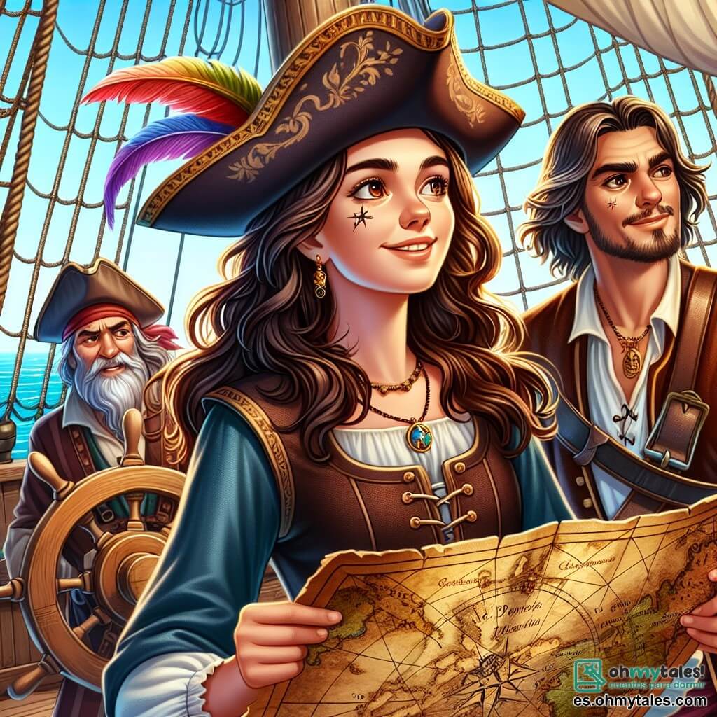 En el centro de la imagen, Isabela, una pirata de unos cuarenta años, se encuentra orgullosamente en la cubierta de su barco, "La Brisa del Alba". Tiene el cabello largo y castaño, ligeramente ondulado, y lleva un sombrero de pirata adornado con plumas coloridas. Su rostro refleja determinación y alegría, con ojos brillantes de coraje mientras observa el horizonte en busca de nuevas aventuras. A su lado, Gabriel, un joven marinero de unos 20 años, con cabello corto y una barba incipiente, sostiene firmemente un mapa antiguo, concentrado y listo para ayudar a Isabela en su búsqueda. Al fondo, Tomás, un hombre de unos cincuenta años con cabello gris y una cicatriz en la mejilla, ajusta las velas del barco con una sonrisa cómplice. Amalia, una joven de unos 25 años con gafas y un cuaderno en la mano, observa las estrellas, lista para descifrar los misterios del cielo. El lugar es un vasto océano de aguas turquesas, con suaves olas e islas verdes en el horizonte. El cielo es de un azul brillante, salpicado de nubes blancas esponjosas, y el sol brilla intensamente, creando reflejos centelleantes en la superficie del agua. La situación principal muestra a Isabela y su alegre equipo en plena preparación para una nueva aventura, rodeados de tesoros brillantes y mapas misteriosos, listos para enfrentar los desafíos que les esperan en el mar.
