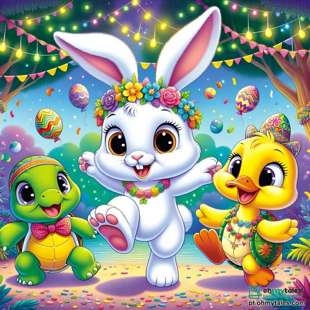 Um coelhinho chamado Pipo, com pelagem branca e grandes orelhas, salta de alegria no meio de uma floresta colorida, seus olhos brilhando de excitação. Ele usa um pequeno chapéu de carnaval decorado com penas coloridas e um colar de flores. Ao seu lado, uma tartaruga chamada Tina, com uma carapaça verde decorada com padrões florais, sorri feliz, seus olhos brilhando de alegria, enquanto dança lentamente. Um pato amarelo, o Pato Pipo, com uma grande pena brilhante na cabeça, ri enquanto se balança, suas asas abertas em sinal de festa. A floresta está cheia de árvores decoradas com guirlandas coloridas e balões flutuantes, enquanto luzes cintilantes iluminam o céu. No chão, confetes multicoloridos criam uma atmosfera festiva. A cena mostra os três amigos dançando juntos, cercados de doces como brigadeiros em uma mesa próxima, simbolizando a alegria e a amizade do carnaval.
