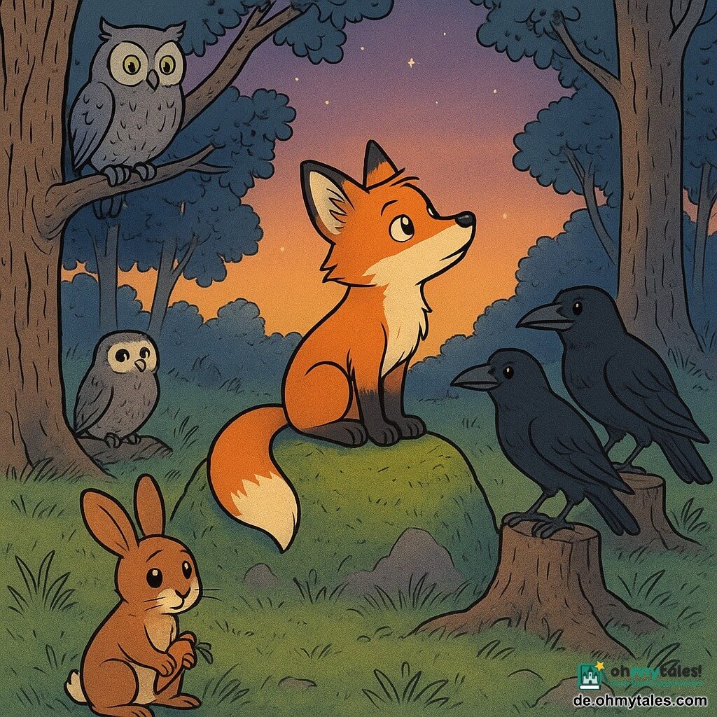Fino, ein junger Fuchs mit leuchtend rotbraunem Fell und haselnussbraunen Augen, sitzt nachdenklich auf einem moosbewachsenen Felsen und blickt in den dämmernden Himmel; links auf einem hohen Ast sitzt eine alte, rundliche graue Eule mit durchdringenden gelben Augen, rechts auf einer nahen Baumstumpfhälfte teilen zwei glänzend schwarze Raben eine Haselnuss; im Hintergrund sitzt ein alter Dachs mit salz-und-pfefferfarbenem Fell und weißer Schnauze väterlich neben einem Baumstamm und blickt zu Fino, am Fuße des Felsens steht ein zitternder, dankbarer junger Hase mit einer kleinen Karotte, während eine mürrische Mardergestalt im Hintergrund sich entfernt; Ort: Lichtung im Nebelwald bei Dämmerung mit taubenetzten Gräsern, moosigen Steinen, texturierten Baumstämmen und orange-purpurfarbenem Himmel mit den ersten Sternen — ruhiger Tagesausklang, Moment der Besinnung und Versöhnung, sanfte, leicht melancholische Stimmung, warme Farben und starke Kontraste.