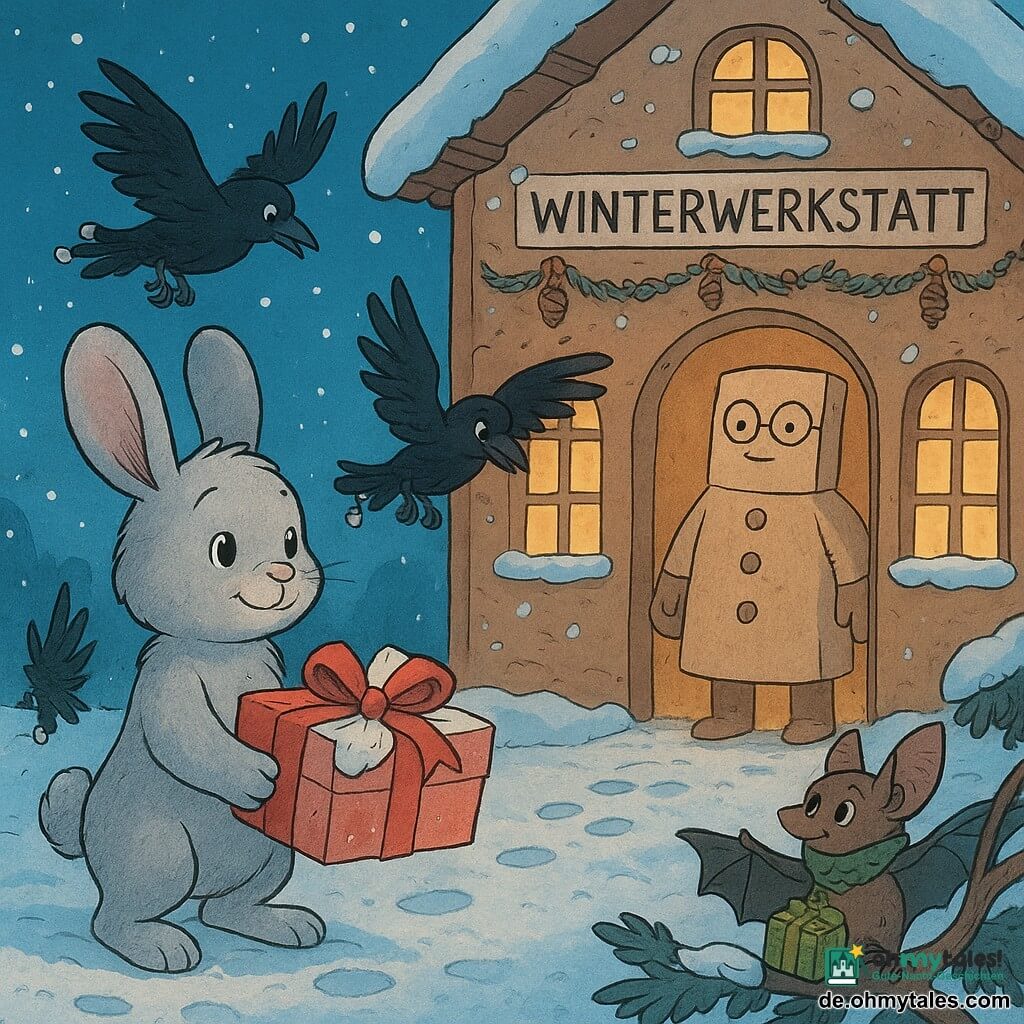 Flirr, eine kleine häschen-bärenartige Gestalt mit perlgrauem, silbrig schimmerndem Fell und leicht zitternden großen Ohren, steht im Schnee und hält eine rechteckige Geschenkbox mit rotem Band und wolkenartigem Tuch; drei glänzende schwarze Glöckchenkrähen mit kleinen silbernen Glöckchen an den Schwanzfedern kreisen neugierig und beschützend um ihn, Pips, eine kleine Fledermaus mit Tannenzweigschal, sitzt rechts auf einem niedrigen Ast und bringt ein grünes Paket mit Blattmuster, während der Paketmeister, eine große Pappfigur mit Stempelfingerarmen und runden Brillengläsern, feierlich aber freundlich in der offenen Tür der Winterwerkstatt wartet; die Werkstatt wirkt wie ein Lebkuchenhäuschen mit Zuckerglasur, biskuitartigen Wänden, goldenen Fenstern und warmem Licht, geschmückt mit Zapfengirlanden und hängenden Schneeflocken; Szenerie: klare Weihnachtsnacht, funkelnder Schnee mit regelmäßigen Abdrücken, silberne Reflexe, innige, gemütlich helle Atmosphäre, Flirr übergibt einen kostbaren Schlafanzug als Symbol der Hoffnung, Bildkomposition zentriert auf dem Austausch zwischen Flirr und dem Paketmeister.