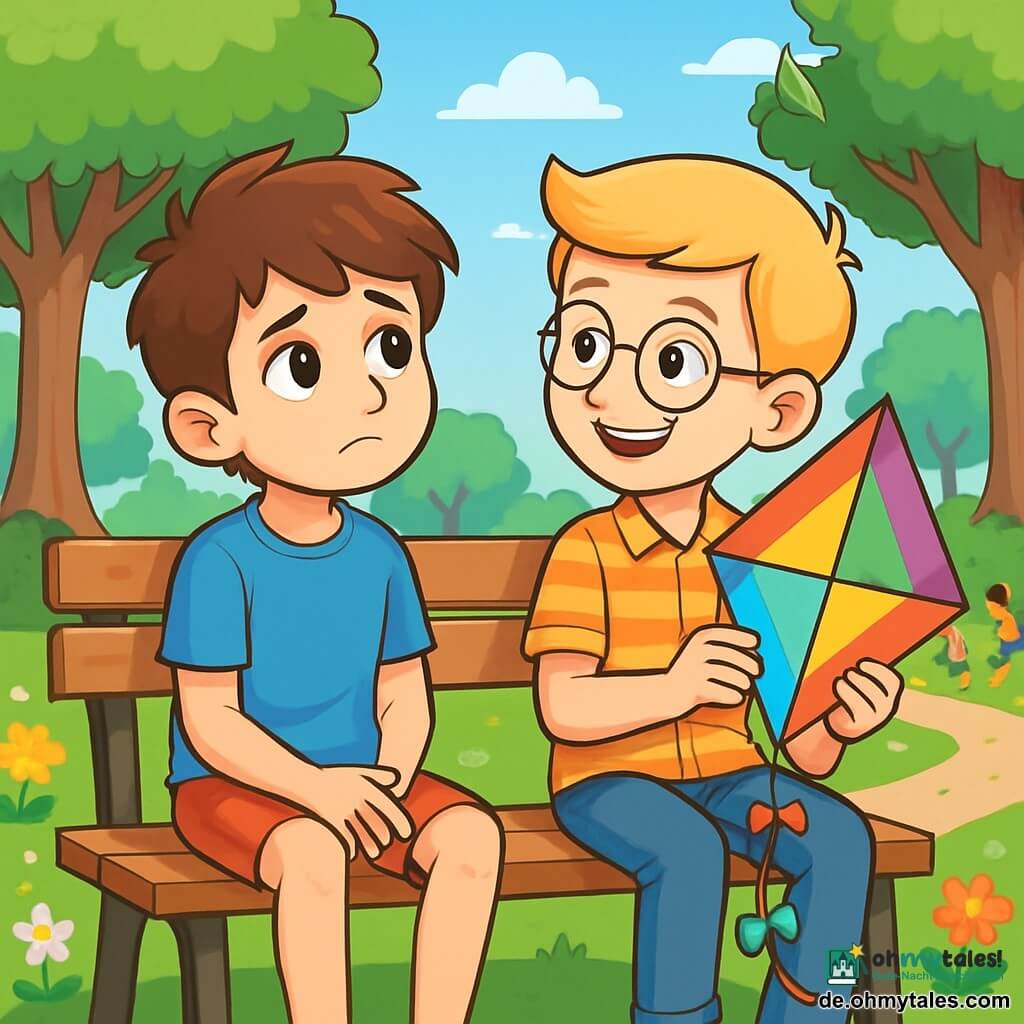 Es gibt zwei Hauptfiguren: Felix, ein 10-jähriger Junge mit braunen Haaren und leuchtenden Augen, trägt ein blaues T-Shirt und eine rote Shorts. Er sitzt auf einer Bank im Park und schaut nachdenklich zum Himmel. Ben, ebenfalls 10 Jahre alt, hat blonde Haare und trägt eine runde Brille. Er ist neben Felix, lächelt und hält einen bunten Drachen in seinen Händen. Die Szene spielt in einem sonnigen Park mit großen grünen Bäumen, bunten Blumen und einem hellblauen Himmel. Ein Kiesweg schlängelt sich durch den Park, und in der Ferne spielen und lachen Kinder. Die Hauptsituation zeigt Felix und Ben auf der Bank, die über Felix' Trennung von seinen Eltern sprechen. Felix hat einen melancholischen Ausdruck, während Ben ihn tröstend anlächelt. Der bunte Drache schwebt sanft im Wind und symbolisiert Hoffnung und Freundschaft trotz der Veränderungen.