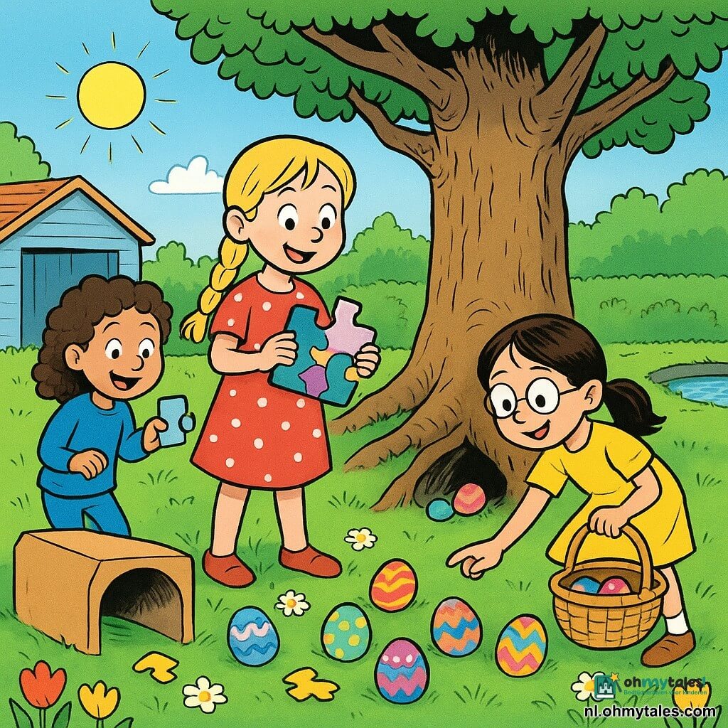 Vier meisjes in een zonnige lentetuin bij een grote knoestige boom: Anna (ongeveer 8) met blonde vlecht en rood-wit gestippelde jurk houdt een puzzelstukje en staat centraal; Lotte (circa 7) met kastanjebruin haar in staartjes en gele jurk draagt een rieten mand en raapt rechts van de boom een gekleurd paasei; Emma (circa 7) met krullend bruin haar en blauwe trui komt uit een kartonnen tunnel links en toont trots een glanzend puzzelstukje; Sophie (ongeveer 8) met steil zwart haar, brilletje en groene jurk wijst op een paaseiverstopplek onder een grote wortel voor de boom; het gras is bezaaid met madeliefjes, er is een vijvertje met plank, een tulpengang en een lichtblauw garage; de meisjes vinden vrolijk kleurrijke paaseieren, hun manden zitten vol, puzzelstukjes liggen verspreid op het gras, heldere stripachtige kleuren en blije gezichten.
