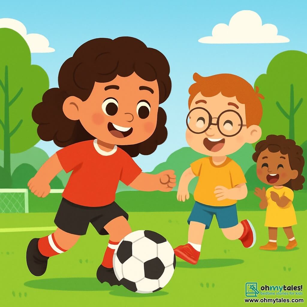 Lily, a young girl with curly brown hair, is wearing a red football jersey and black shorts. She has a radiant smile and sparkling eyes as she enthusiastically dribbles a football on the field. Next to her, Max, a 6-year-old boy in bright red shoes and round glasses, laughs while trying to keep up with Lily. Mia, a 5-year-old girl with curly hair in a yellow dress, claps joyfully from the side of the field. The scene takes place on a vast green football field surrounded by tall trees with vibrant leaves under a clear blue sky with a few white clouds. The main focus is on Lily and her friends playing football together, laughing and encouraging each other, creating a joyful and friendly atmosphere.