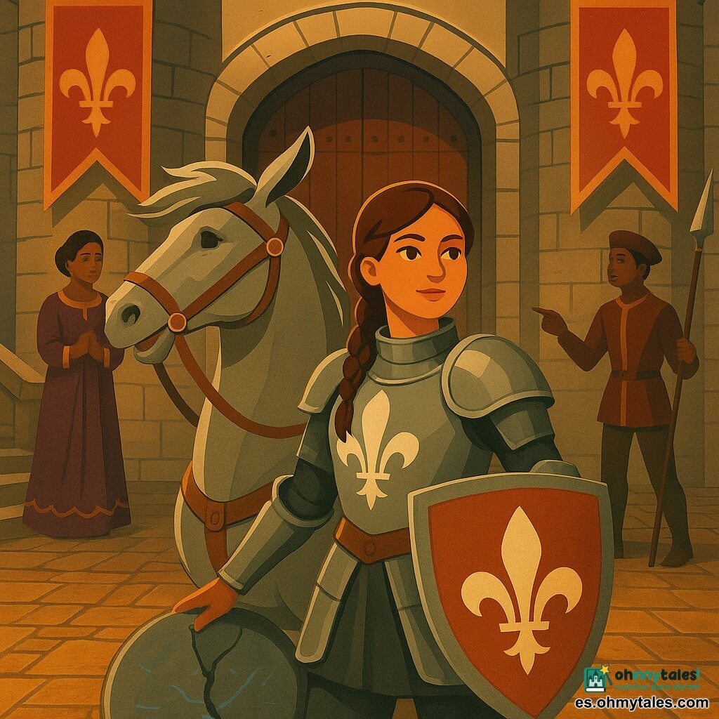 Una caballera joven de sonrisa determinada, rostro redondo y trenzas castañas, con armadura plateada pulida y un gran lis blanco en el peto, mano en la grupa de su gran caballo gris perla Nimbo de crin al viento y escudo con lis, mirada firme hacia el horizonte y postura orgullosa preparada para partir; a la izquierda en el umbral, la reina Miralda (unos 40 años) en vestido púrpura bordado en oro, manos juntas y expresión inquieta pero confiada; al fondo a la derecha, un joven heraldo apoyado en una alabarda señala el Gran Sello agrietado en la plaza —una piedra circular con runas azules y una grieta negra que exhala ligera bruma—; escena en la entrada de un antiguo castillo de piedra gris con torres redondeadas, puertas de madera abiertas, banderines rojos y dorados, empedrado húmedo que refleja la luz de la mañana, atmósfera de amanecer con colores cálidos, contrastes marcados y líneas geométricas art déco centrando la composición en la caballera.