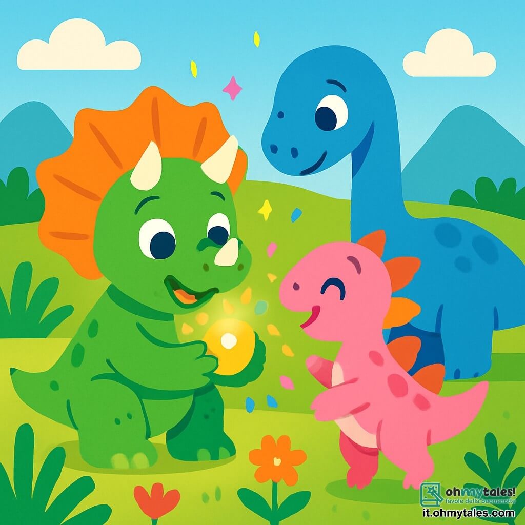 Un tricératops di nome Tito, con una pelle verde brillante e maestose corna, brilla di gioia tenendo una piccola pietra magica luminosa tra le zampe anteriori. Ha un grande sorriso e occhi scintillanti di eccitazione. Accanto a lui, Gigi, un brontosauro dal lungo collo blu, si piega per ammirare la pietra con uno sguardo curioso e amichevole. Lilla, una piccola stegosauro dalle scaglie rosa, salta di gioia, le sue spine colorate brillano sotto il sole. La scena si svolge in una vasta pianura verde, punteggiata di grandi felci e fiori colorati, sotto un cielo blu brillante con alcune nuvole bianche soffici. Tito, Gigi e Lilla giocano insieme, circondati da luci colorate che danzano attorno a loro, creando un'atmosfera magica e gioiosa.