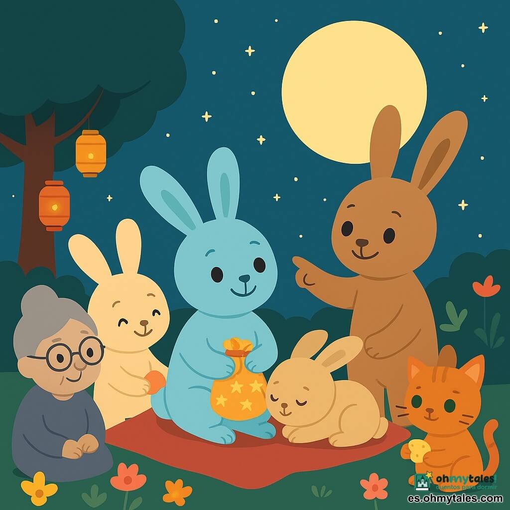 La protagonista es una pequeña coneja azul cielo de largas orejas y sonrisa dulce, sentada en una manta con un bolsito de tela con estrellas doradas; la mamá, coneja crema de rostro cálido, la abraza desde atrás; el papá, conejo castaño claro, señala la luna junto a una mesita; el hermanito Timo, gazapo beige de mejillas rosadas, duerme acurrucado; la abuela, vieja coneja gris con gafas redondas, cuenta una historia sentada; una pequeña gata rojiza de ojos verdes come un trozo de pan bajo un árbol; el jardín nocturno tiene césped, flores pastel, un árbol de copa redonda, farolillos y una gran luna amarillo pálido en un cielo azul oscuro estrellado; la familia se reúne para el Ramadán compartiendo dulces y gestos tiernos en una atmósfera cálida y tranquila.
