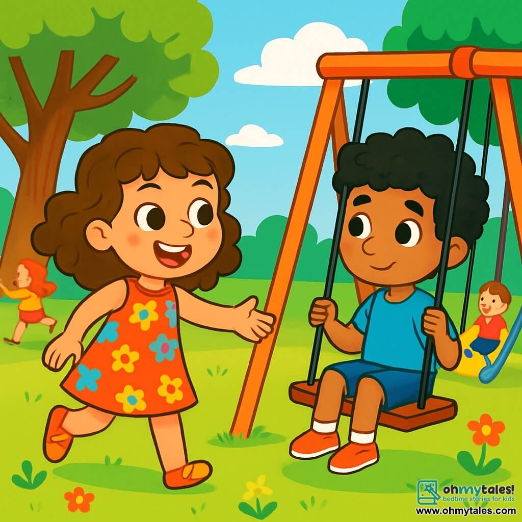 An 8-year-old girl named Lily, with curly brown hair and sparkling eyes full of curiosity, joyfully smiles while playing in a sunny park. She wears a colorful floral dress and reaches out to a boy sitting on a swing, inviting him to join her. The boy, Amir, is about the same age, with curly black hair and slightly tanned skin. He wears a blue t-shirt and shorts, looking at Lily with a shy smile, ready to get up from the swing. The park is lush with large trees, vibrant green leaves, colorful flowers, and a clear blue sky dotted with fluffy white clouds. The main scene shows Lily and Amir, two friends playing together, illustrating the joy of friendship and the discovery of new cultures, while other children play around them, creating an atmosphere of happiness and acceptance.