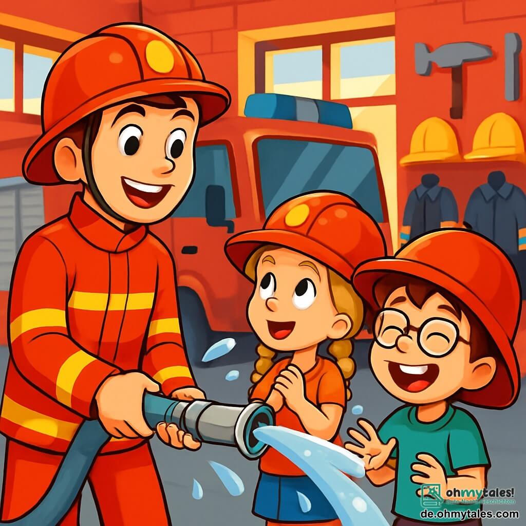 Ein 19-jähriger junger Mann namens Lukas trägt eine leuchtend rote Feuerwehruniform und einen glänzenden Helm. Sein Gesicht strahlt vor Stolz und Aufregung, seine Augen leuchten vor Freude, während er lächelt und einen Feuerwehrschlauch in der Hand hält, bereit, ihn den Kindern zu zeigen. Neben ihm steht ein 8-jähriges Mädchen namens Emma mit geflochtenen blonden Haaren, das mit Staunen zuschaut. Sie trägt eine zu große Feuerwehrmütze, die ihr über die Augen rutscht. Ein 8-jähriger Junge namens Max mit Brille und zerzausten braunen Haaren lacht, während er versucht, Lukas' Helm zu tragen, der zu schwer für ihn ist. Die Szene spielt sich in einer Feuerwehrwache mit roten Wänden, geparkten Feuerwehrfahrzeugen und glänzenden Ausrüstungen an den Wänden ab. Es sind Rettungswerkzeuge und Uniformen zu sehen, die eine dynamische und einladende Atmosphäre schaffen. Lukas erklärt den Kindern, wie man einen Feuerwehrschlauch benutzt, während sie Spaß daran haben, ihn zu bedienen und Wasser um sich herum zu spritzen. Die Stimmung ist fröhlich und energiegeladen, mit Lachen und Wasserspritzern, die die Szene erhellen.