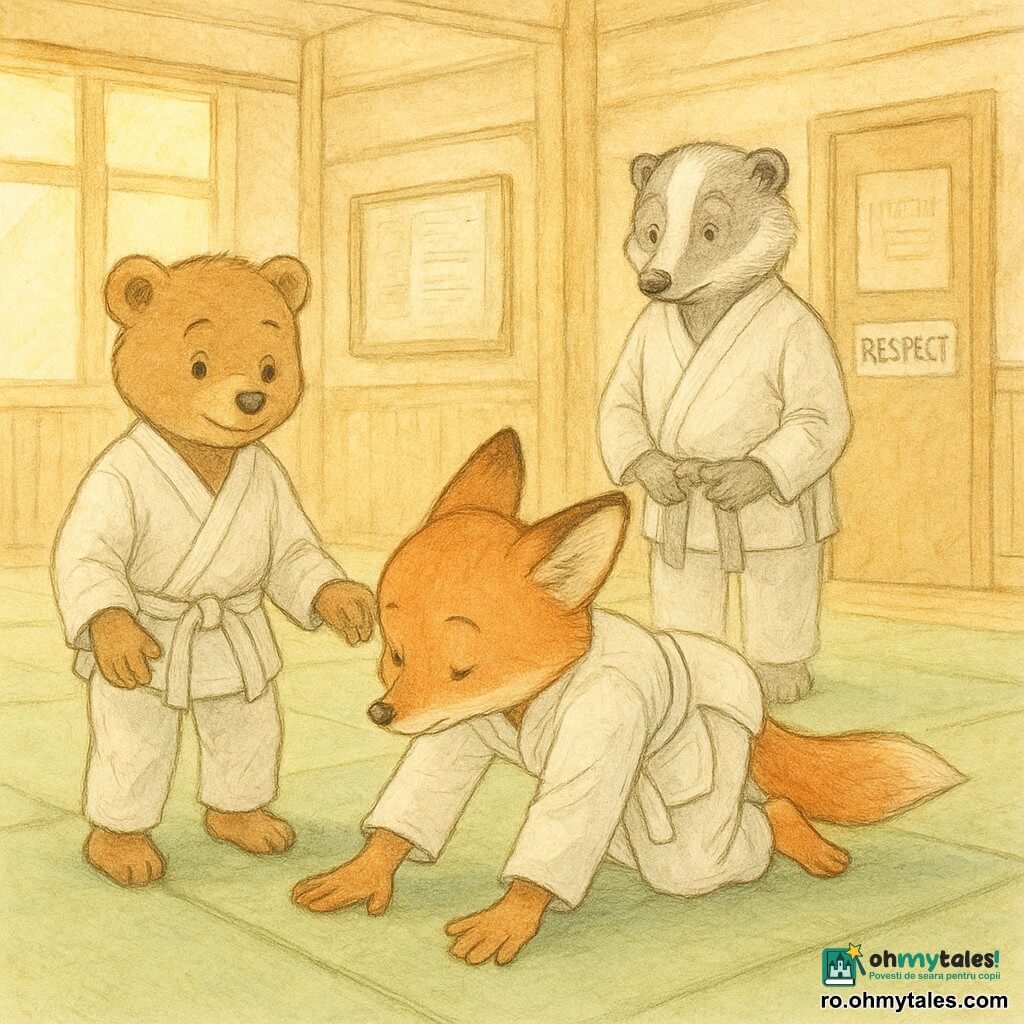Mara, o vulpiță arămie în kimono alb de judo și centură albă, concentrată și ușor nervoasă cu bărbia spre piept și palmele pe o saltea verde, exersează o ukemi; Radu, un pui de urs brun cu privire timidă dar binevoitoare, stă în stânga ei zâmbind și pregătit să ajute, ușor aplecat; Domnul Barbu, un bursuc bătrân și calm, privește din fundal lângă un panou de anunțuri și corectează blând; sala de judo e încălzită de o lumină aurie prin ferestre largi, cu tatami verzi, pereți din lemn deschis și un poster „Respect” pe o ușă; situație principală: învățarea lină a unei căzături sigure — gesturi prietenoase și atente, atmosferă liniștitoare, expresii tandre, mișcări rotunjite, compoziție în plan mijlociu pentru a arăta acțiunea și ajutorul reciproc.