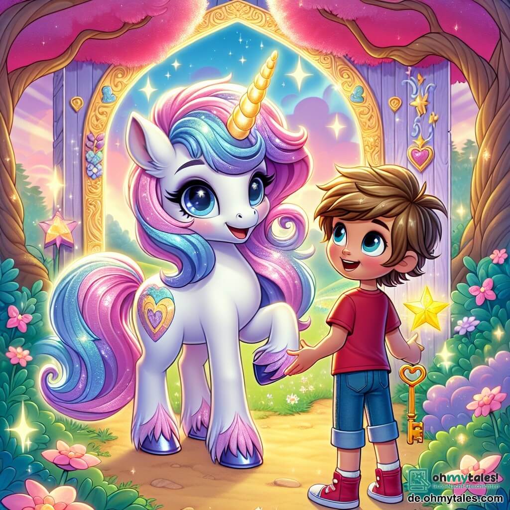 Eine wunderschöne Einhorn namens Luna steht majestätisch im Zentrum der Szene. Sie hat ein glänzendes Fell in Pastellfarben und eine wellige Mähne in Rosatönen, Violett und Blau. Ihre großen, funkelnden Augen drücken Weisheit und Freundlichkeit aus, während sie fröhlich lächelt, bereit, ihrem Freund zu helfen. Neben ihr steht Max, ein achtjähriger Junge mit zerzausten braunen Haaren und funkelnden Augen vor Aufregung. Er trägt ein rotes T-Shirt und eine Jeansshorts und hält einen glänzenden goldenen Schlüssel in der Hand. Er sieht Luna bewundernd an, während er auf einem mit bunten Blumen bedeckten Boden steht. Die Kulisse ist ein verzauberter Glitzerwald, in dem die Bäume herzförmige Blätter haben und im Sonnenlicht strahlen. Leuchtende Blumen strahlen Licht aus und schaffen eine magische, märchenhafte Atmosphäre. Die Hauptsituation zeigt Max und Luna, die sich darauf vorbereiten, eine große funkelnde Tür mit Sternen zu öffnen, die zu einer geheimnisvollen und wunderbaren Dimension führt. Die Aufregung und Vorfreude sind spürbar, während sie sich darauf vorbereiten, gemeinsam ein unglaubliches Abenteuer zu erleben.
