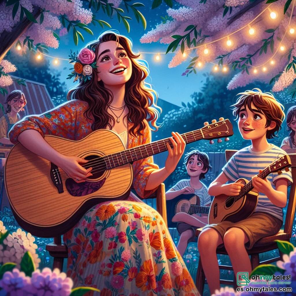Clara, una mujer de unos treinta años con cabello largo y ondulado, lleva un vestido colorido y sonríe alegremente, sentada en una silla de madera en un jardín florecido. Sostiene una guitarra acústica, con los ojos brillantes de pasión y emoción mientras canta una canción para sus amigos. A su lado, Diego, un niño de diez años con cabello castaño desordenado, lleva una camiseta a rayas y un short. Está de pie, sosteniendo una guitarra pequeña, con los ojos abiertos de admiración, listo para tocar su propia canción. El jardín está lleno de flores brillantes y coloridas, con guirnaldas luminosas colgadas de las ramas de los árboles, creando una atmósfera mágica al atardecer. La escena principal muestra a Clara y Diego compartiendo un momento musical especial, rodeados de risas y aplausos de sus amigos, celebrando la alegría de la música y la amistad.