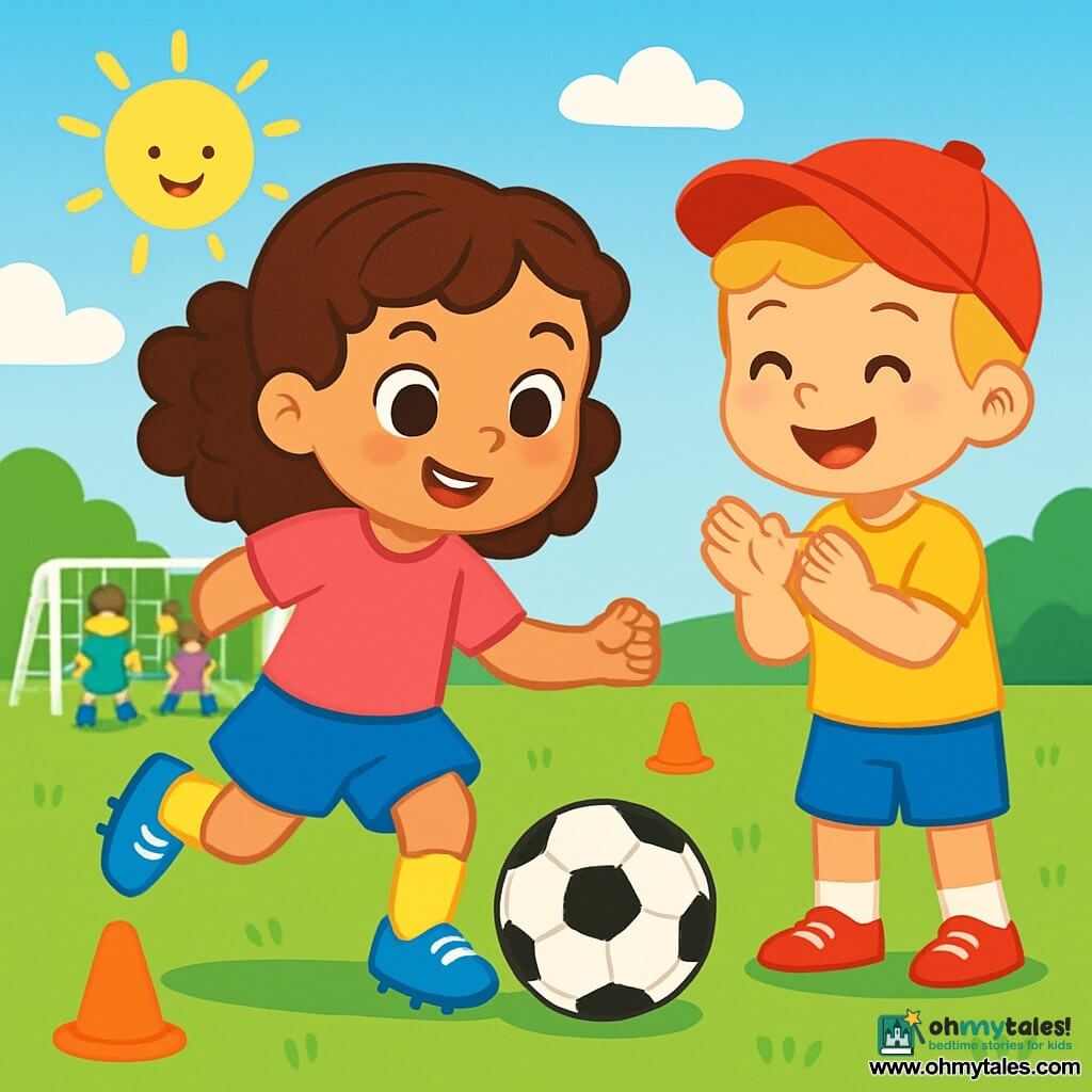 A 4-year-old girl named Mia, with curly brown hair and sparkling eyes, is gently tapping a soccer ball with her foot. She wears shiny soccer shoes with blue laces and a bright smile, showing her excitement and determination. Next to her, a 5-year-old boy named Theo, with blonde hair and a red cap, is clapping and smiling, encouraging Mia. In the background, a green soccer field is surrounded by orange cones and the laughter of other children playing. The sky is blue and sunny, creating a joyful and dynamic atmosphere. The scene shows Mia preparing to shoot towards the goal, with a focused and enthusiastic expression, ready to score.