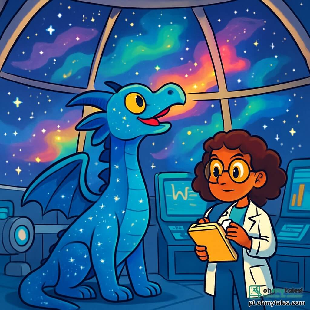 Luno, um dragão azul cintilante com escamas brilhantes como estrelas, está no centro da cúpula da estação espacial Aurora, com os olhos dourados arregalados de empolgação e curiosidade. Ele observa maravilhado as luzes coloridas dançantes do lado de fora, com seu longo pescoço curvado em direção ao céu estrelado. Ao seu lado, a Dra. Lira, uma cientista humana de cabelos cacheados e óculos redondos, observa as luzes com uma expressão de concentração, segurando um caderno de anotações nas mãos. Ela está inclinada sobre uma tela de controle, cercada por gráficos luminosos. O local é uma cúpula de vidro transparente, oferecendo uma vista panorâmica da imensidão do espaço, salpicada de estrelas cintilantes e nebulosas coloridas. Equipamentos futuristas e telas holográficas iluminam a sala, criando uma atmosfera tecnológica e mágica. A cena principal mostra Luno, intrigado e determinado, pronto para explorar os mistérios das luzes estranhas que dançam do lado de fora, enquanto a Dra. Lira tenta decifrar os sinais misteriosos em sua tela.