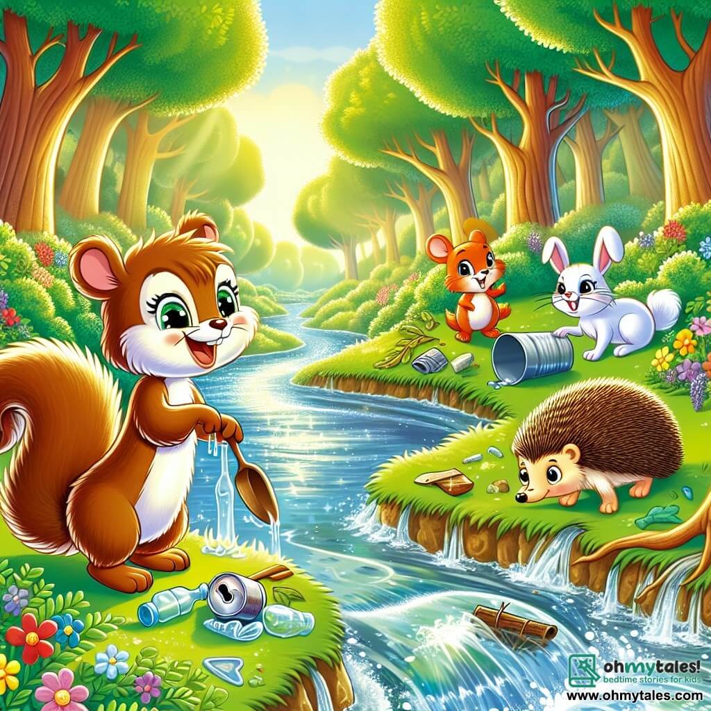 A little squirrel named Sammy, with big bright eyes and a bushy tail, joyfully stands by a sparkling stream, proudly smiling as he admires the clear water. Next to him, a small rabbit named Bella, with long soft ears, looks on enthusiastically, her eyes sparkling with determination, holding a piece of plastic she just picked up. A hedgehog named Harry, with his back covered in spines, leans down to pick up an old can, wearing a focused and serious expression. The stream winds through a lush forest, surrounded by majestic trees with vibrant green leaves and colorful flowers dancing in the breeze. The scene is filled with golden light, creating a joyful and welcoming atmosphere. Sammy and his friends work together to clean the stream, collecting litter while laughing and encouraging each other, transforming their environment into a clean and beautiful place.