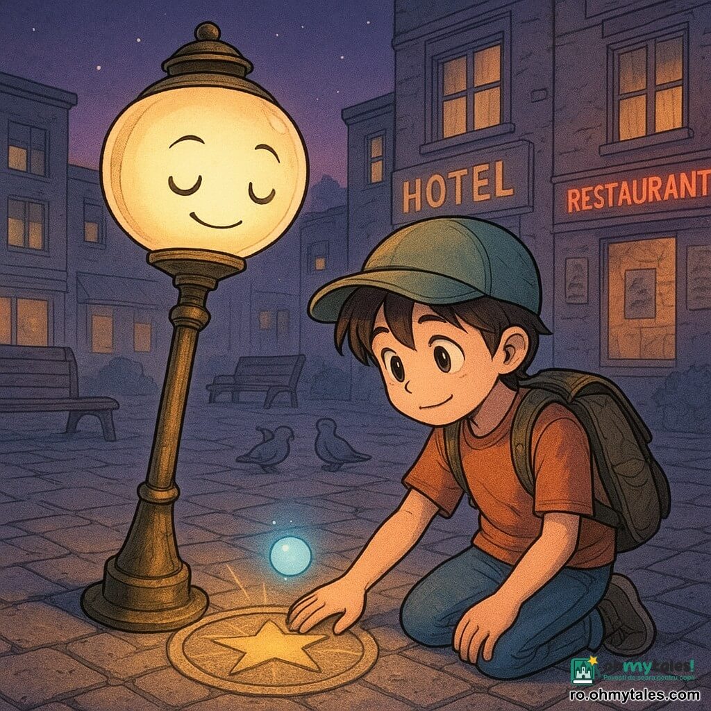 Un lampadar antropomorfic vintage (personaj principal) cu glob de sticlă ușor opalin, stâlp din alamă patinată, expresie caldă și mândră, emite o lumină aurie blândă în raze; se apleacă ușor ca să vegheze și varsă lumina într-un cerc gravat în piatra pavelei. Un băiat de 9 ani (personaj secundar), păr brun, șapcă verde, rucsac uzat, zâmbet timid și uimit, este în genunchi lângă simbol cu mâna pe steaua gravată, privind spre lumină. O scânteie plutitoare bleu pal (personaj secundar), rotundă ca o bilă, pâlpâie deasupra cercului, între lampadar și băiat. Piața pavată la crepuscul are dale gri uzate, un cerc gravat cu o stea în relief, bănci de lemn, porumbei liniștiți și afișe îngălbenite pe ziduri; în fundal fațade retro anii '70, reclame neon estompate, ferestre calde cu draperii trase, cer violet-roz cu stele timide. Atmosfera e magică și pașnică, contrastând culori calde (galben-oranj) și reci (albastru-azuriu), umbre lungi și contururi moi; scena sugerează lampadarul întorcând lumina către simbol în timp ce băiatul veghează — un moment de întoarcere, prietenie și protecție împărtășită. Solicitare: randare clară, culori saturate dar blânde, tușe simple manga, texturi detaliate de sticlă, alamă și piatră.