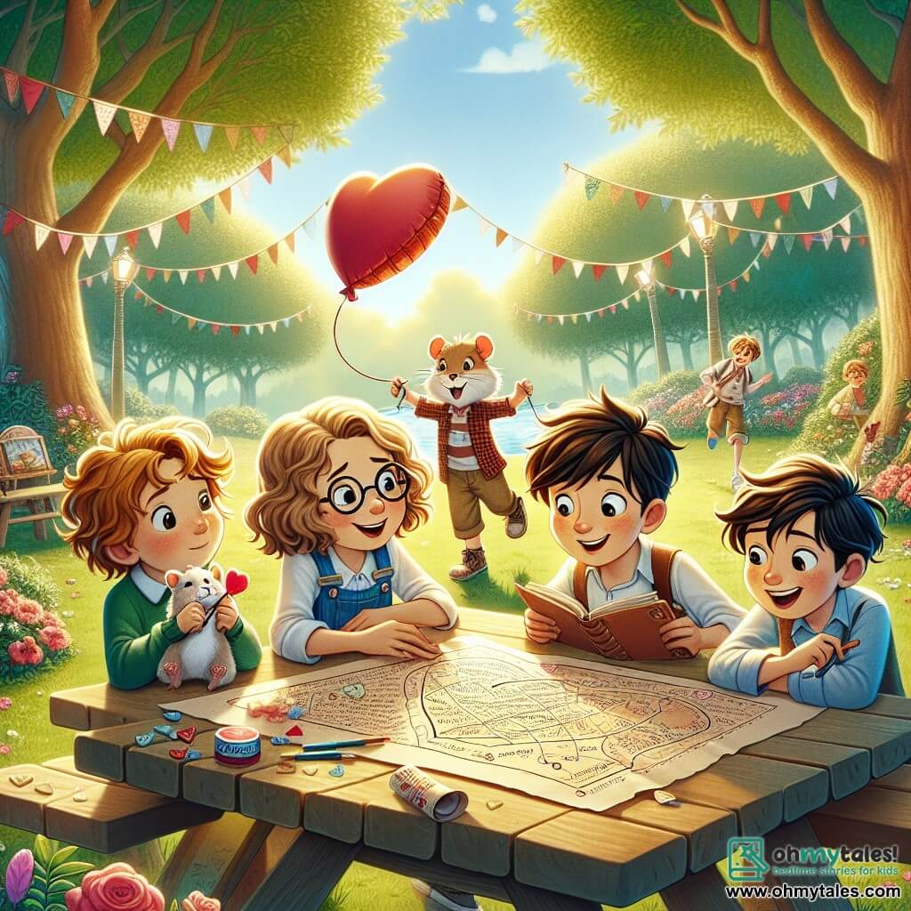 In a sunny park, four friends are gathered around a large picnic table. Max, an 11-year-old boy with brown hair and glasses, smiles while holding a large piece of paper with a treasure map. Next to him, Lucy, a girl with curly blonde hair, is drawing a hamster with a heart-shaped balloon in her notebook. Jake, a boy with black hair and sparkling eyes, leans forward, curious, looking at the map. Finally, Emma, a girl with smooth brown hair, holds a paper heart she just cut out, with a big smile on her face. The park is filled with colorful flowers and majestic trees providing shade. Valentine's decorations, like paper hearts and garlands, float in the air, adding a festive touch to the scene. The four friends are preparing for a Valentine's treasure hunt, searching for clues on the map they found, eager to uncover the mystery awaiting them.