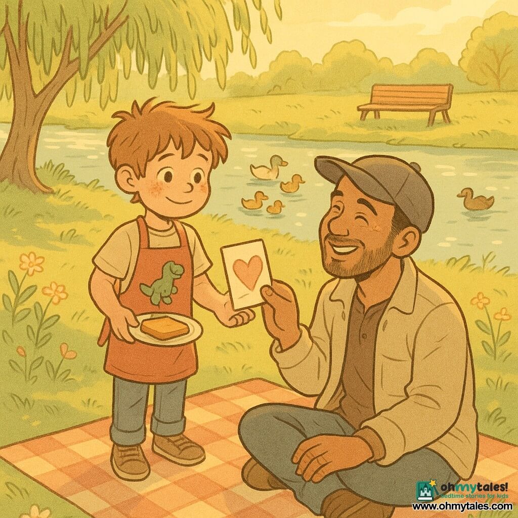 An 8-year-old boy with a round face, tousled light brown hair, bright eyes and a shy smile wears a red apron with a small dinosaur and offers a small plate of toast and a handmade card reading "For the best dad"; he stands on a checkered blanket, proud yet shy. A father in his late 30s with stubble, a light jacket and cap sits on the blanket, eyes crinkled with joy as he gently takes the card and looks at the boy with tenderness. The setting is a small riverside park with green grass, a weeping willow, ducks on sparkling water, a wooden bench and wildflowers in the golden morning light; warm, pastel tones, rounded shapes and soft textures convey a tender father–son moment.