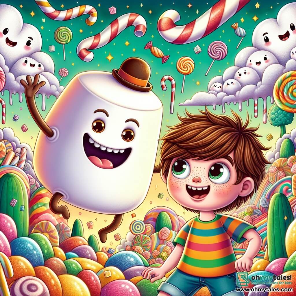 An 11-year-old boy, Oliver, with tousled brown hair and freckles on his nose, has a big amazed smile. He wears a colorful striped t-shirt and denim shorts, holding a giant jellybean in his hands. Next to him, Marshmallow Max, a round, fluffy creature resembling a large marshmallow with stick arms and a bowler hat, stands joyfully, ready to lead him on an adventure. The setting is a fantastical landscape filled with colorful candy hills, candy cane trees, and a golden caramel sky, where fluffy cotton candy clouds float gently. The main scene shows Oliver and Marshmallow Max laughing and chasing small creatures called Hiccuping Hijinks, which are fluffy, mischievous beings twirling around them, creating an atmosphere of joy and silliness.