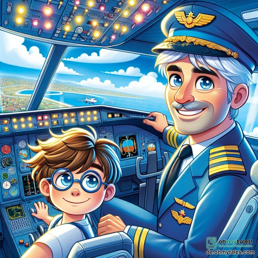 Ein männlicher Pilot, Kapitän Max, mit silbernem Haar und einem breiten, warmen Lächeln, steht im Cockpit eines Flugzeugs. Er trägt eine blaue Pilotuniform mit goldenen Schulterklappen und schaut stolz durch das Fenster, die Augen vor Aufregung funkelnd. Neben ihm sitzt ein achtjähriger Junge, Tim, mit zerzausten braunen Haaren und runden Brillen, auf dem Passagiersitz, die Hände auf dem Armaturenbrett, fasziniert von den vielen Knöpfen und Instrumenten um ihn herum. Das Cockpit ist voller blinkender Lichter und bunter Instrumente, mit einem großen Fenster, das einen spektakulären Blick auf einen blauen Himmel mit weißen Wolken bietet. Im Hintergrund sieht man den Boden, der sich entfernt, mit winzigen Häusern und Bäumen. Die Hauptsituation zeigt Max und Tim im Flug, mit der Sonne am Horizont, während sie sich auf den Start vorbereiten. Tim, voller Begeisterung, schaut Max bewundernd an und träumt davon, eines Tages Pilot zu werden.