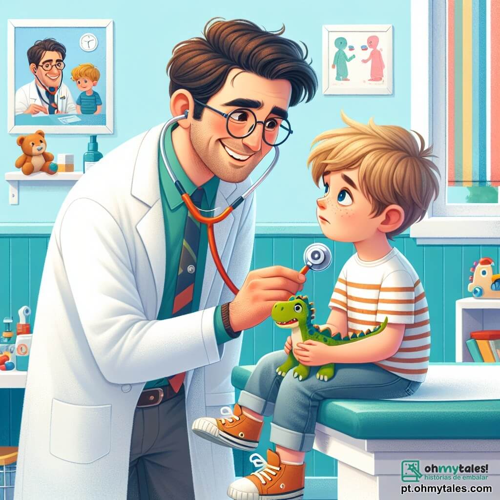 O personagem principal é um homem, o Dr. João, um médico sorridente de cerca de trinta anos, com cabelos castanhos e óculos redondos. Ele usa um jaleco branco e um estetoscópio ao redor do pescoço, inclinando-se com benevolência em direção a um garotinho. O garotinho, Lucas, tem cerca de 6 anos, cabelos loiros bagunçados e um rosto preocupado. Ele está sentado em uma mesa de exame, segurando um brinquedo em forma de dinossauro, olhando para o Dr. João com olhos curiosos. A cena ocorre em uma clínica clara e colorida, com paredes pintadas de azul pastel e cartazes de desenhos animados sobre saúde. Brinquedos e livros estão espalhados pela sala, criando uma atmosfera calorosa e acolhedora. O Dr. João examina Lucas com um estetoscópio, enquanto fala suavemente para tranquilizá-lo. Lucas, embora ligeiramente preocupado, começa a sorrir ao ouvir as palavras reconfortantes do médico.