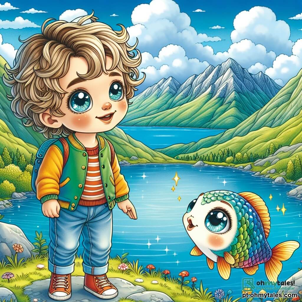 Um garotinho de 2 anos, Léo, com cabelos cacheados e olhos brilhantes de curiosidade, está no topo de uma montanha. Ele veste uma jaqueta colorida e uma calça jeans, sorrindo maravilhado ao olhar para um lago cintilante abaixo. Ao seu lado, um peixinho de escamas brilhantes nada na água calma, curioso com a presença de Léo. A paisagem é majestosa, com montanhas verdes cercando um lago azul claro, e o céu é de um azul radiante salpicado de nuvens brancas e fofas. Léo, com um olhar sonhador, se inclina para frente, ouvindo o peixinho que lhe fala sobre a beleza do mundo e a importância de ouvir seu coração.