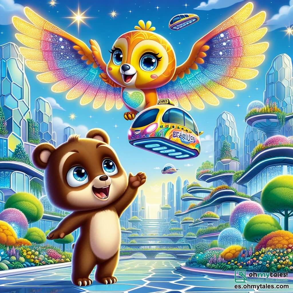 Bruno, un pequeño oso marrón con ojos brillantes y pelaje suave, se encuentra maravillado en medio de una ciudad futurista, con los brazos levantados hacia el cielo y una gran sonrisa en su rostro. A su lado, Aerius, un taxi volador en forma de ave gigante, tiene un color vivo y alas brillantes, mostrando una expresión amigable y entusiasta, listo para despegar. El escenario es una ciudad luminosa, con edificios de vidrio de formas orgánicas, jardines colgantes llenos de flores coloridas y coches voladores zumbando en el cielo azul. Paneles solares brillan al sol, añadiendo un toque de modernidad a este paisaje de ensueño. La escena representa a Bruno y Aerius preparándose para volar en el cielo, rodeados de luces centelleantes y una atmósfera de magia y aventura, simbolizando la promesa de una nueva exploración.