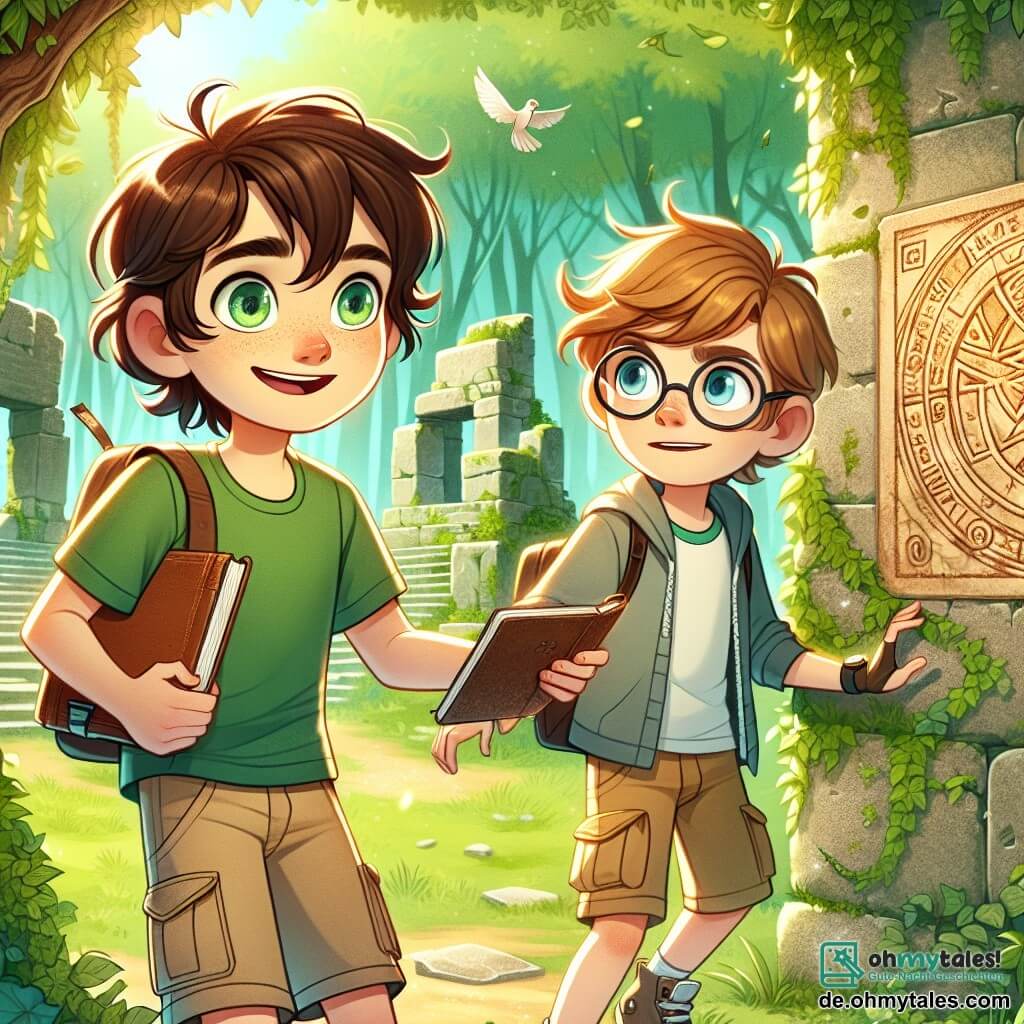 Ein Junge namens Jonas, etwa 12 Jahre alt, steht vor einer alten Ruine, seine Augen leuchten vor Aufregung und Neugier. Er hat zerzauste braune Haare, trägt ein grünes T-Shirt und beige Shorts und hält ein Notizbuch in einer Hand, während die andere Hand auf ein geheimnisvolles Symbol an der Steinmauer zeigt. Neben ihm steht sein Freund Max, ebenfalls 12 Jahre alt, mit blonden Haaren und runden Brillen, der entschlossen auf die Karte schaut, die er hält, bereit, die Geheimnisse dieses Ortes zu entdecken. Der Ort ist ein alter Park mit großen Bäumen und grünen Blättern, durch die Sonnenstrahlen scheinen und die mit Efeu und Moos bewachsenen Ruinen beleuchten. Vögel singen im Hintergrund und verleihen der Atmosphäre einen Hauch von Magie. Die Hauptsituation zeigt Jonas und Max, die von den rätselhaften Symbolen an den Wänden der Ruine fasziniert sind, während ein leichter Wind die Blätter um sie herum tanzen lässt und eine abenteuerliche und geheimnisvolle Stimmung schafft.