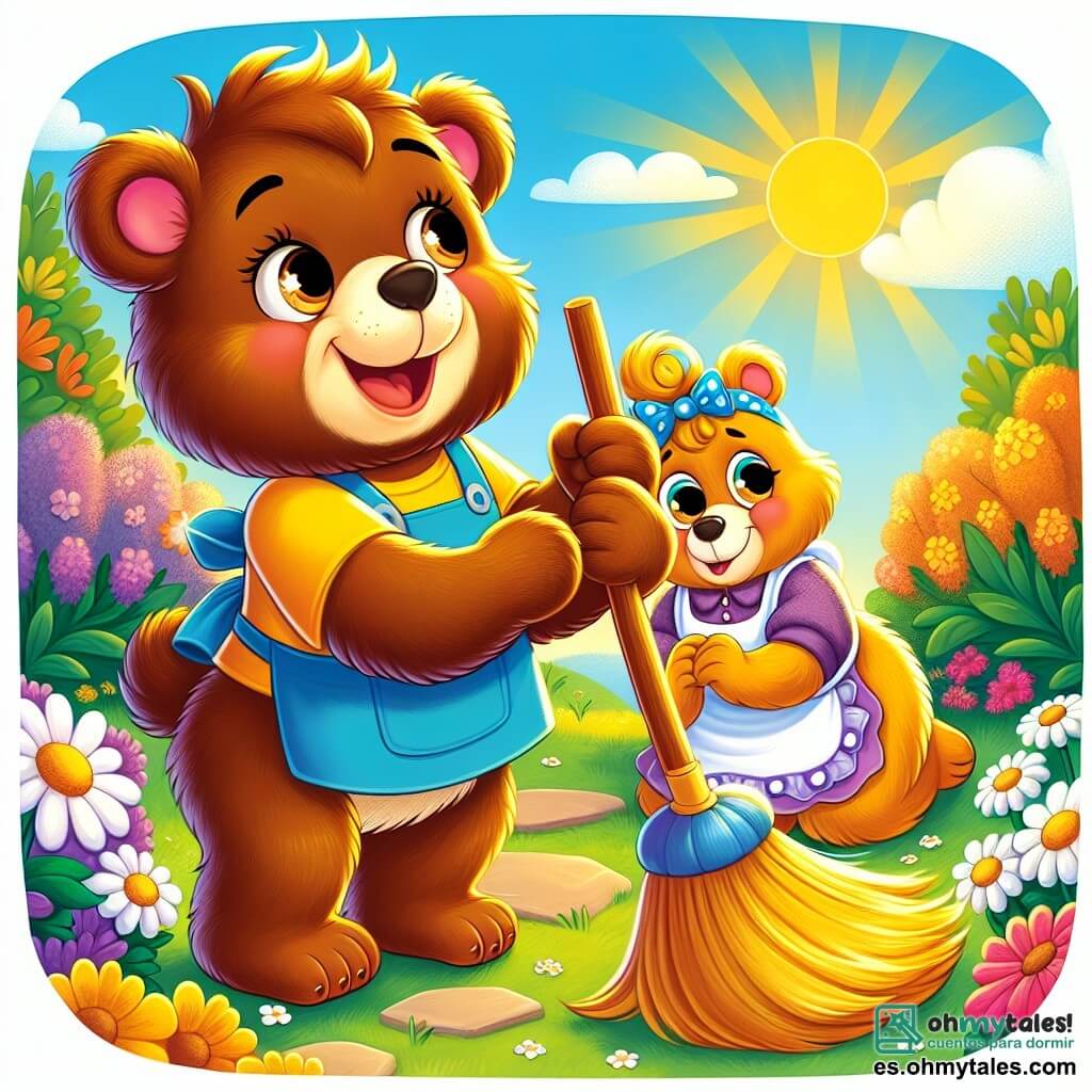Un pequeño oso marrón, llamado Bruno, con un pelaje suave y ojos brillantes de alegría, está barriendo el suelo con una gran escoba. Tiene una sonrisa radiante y una expresión decidida en su rostro. A su lado, su mamá, una osa de pelaje dorado y ojos cálidos, mira a su hijo con ternura, riendo de sus esfuerzos torpes. El jardín está lleno de flores coloridas, con margaritas blancas y violetas que bailan al viento. El sol brilla alto en el cielo, iluminando la escena con una luz dorada y alegre. Bruno, con su pequeño delantal azul, intenta barrer, pero se enreda en la escoba, lo que hace reír a su mamá. La situación principal muestra a Bruno, lleno de entusiasmo, tratando de ayudar a su mamá para el día de las madres, creando una atmósfera alegre y llena de amor.