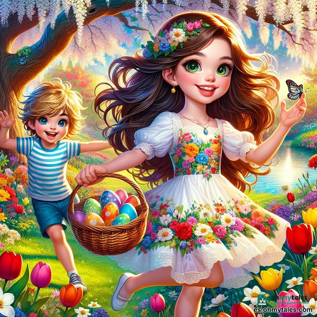 Una niña de 12 años, Martina, con largos cabellos castaños y ojos llenos de curiosidad, sonríe con entusiasmo mientras sostiene una bonita cesta de mimbre llena de huevos de colores. Lleva un vestido primaveral de flores, ligero y alegre, y está en el centro de un jardín vibrante de colores. A su lado, su hermano pequeño Nico, de 6 años, con el cabello rubio alborotado y una expresión traviesa, corre tras una mariposa de papel, riendo a carcajadas. Lleva una camiseta a rayas y un short azul, y está justo a su derecha, con los brazos levantados hacia el cielo. Al fondo, un gran roble majestuoso, con sus ramas cargadas de flores blancas, ofrece sombra. Tulipanes rojos, narcisos amarillos y margaritas blancas forman una colorida alfombra a su alrededor, mientras que un pequeño estanque brilla al sol, donde nadan patos. La escena representa el momento en que Martina descubre un mapa misterioso con el dibujo de un árbol, un conejo y una puerta en miniatura, preparándola para una mágica e inolvidable búsqueda de huevos.