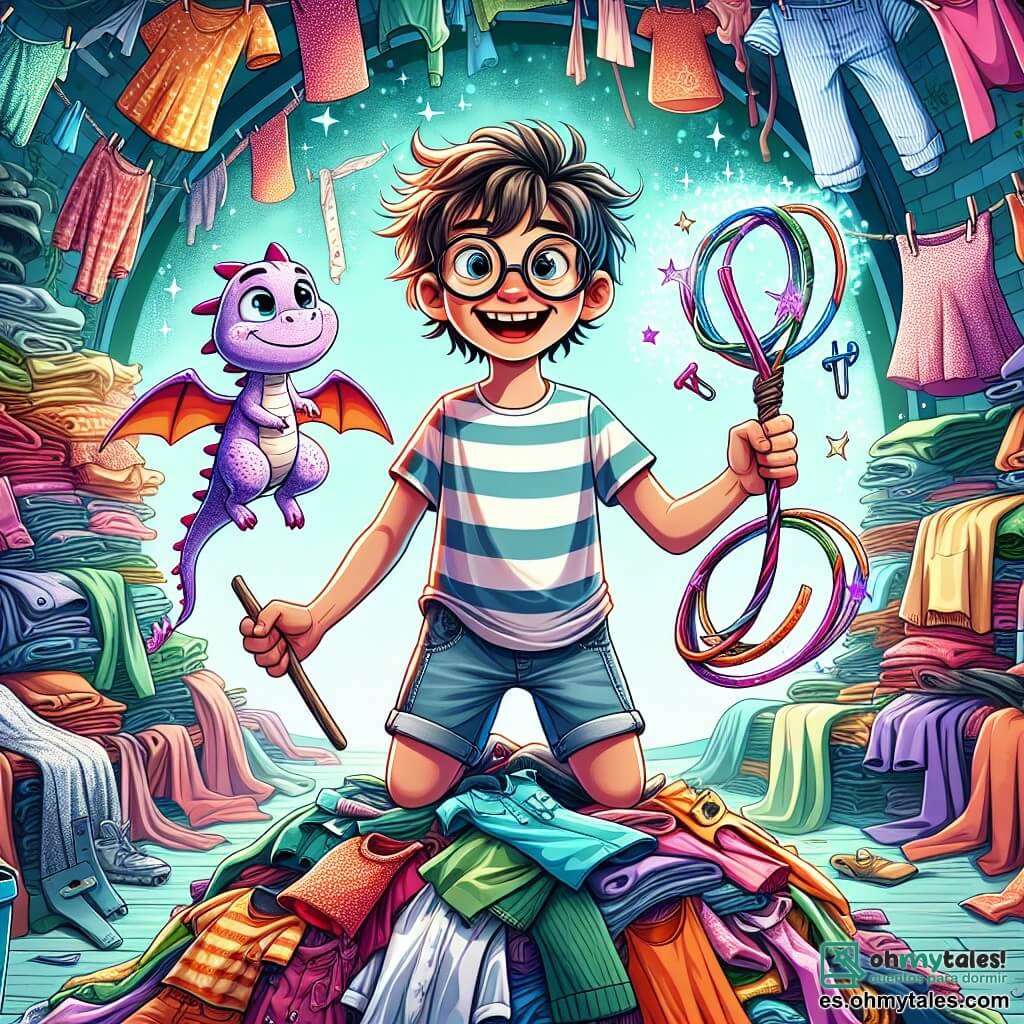 Un niño de 12 años, con el cabello despeinado y gafas redondas, está en la cima de una montaña de ropa colorida, con una sonrisa maravillada en su rostro y los ojos brillantes de emoción. Lleva una camiseta a rayas y un short de mezclilla, y sostiene una varita torcida hecha de varas y clips. A su lado, un pequeño dragón lavanda, con escamas brillantes y ojos chispeantes, flota en el aire, alegre y entusiasta, listo para animarlo. Al fondo, una sala circular hecha de ropa apilada, con tejidos de patrones variados y colores vivos, crea una atmósfera mágica y lúdica. La escena principal muestra al niño y al dragón preparándose para enfrentar un desafío divertido, rodeados de ropa danzante que parece cobrar vida, añadiendo un toque de fantasía humorística a la escena.