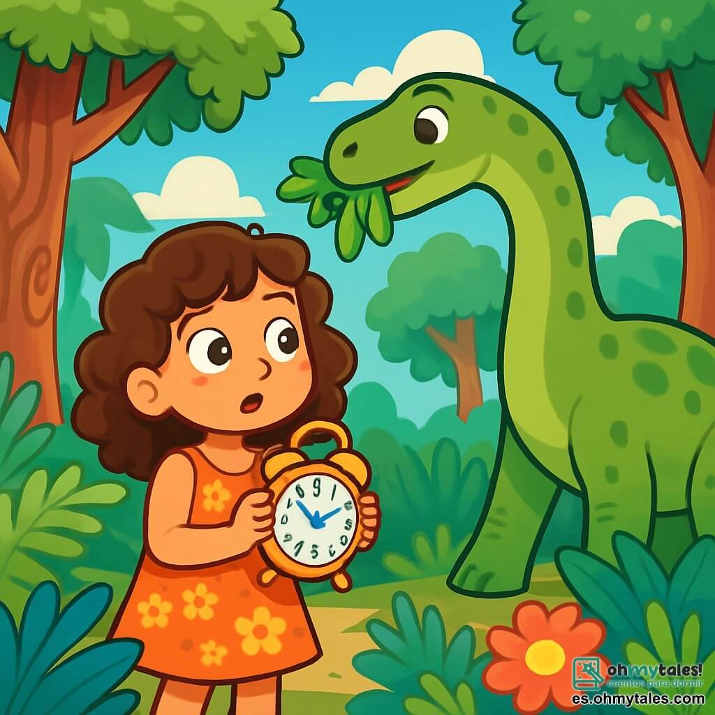 Una niña de 8 años, con cabello rizado y ojos llenos de curiosidad, se encuentra en medio de un bosque prehistórico, asombrada y un poco asustada. Lleva un vestido ligero adornado con flores y sostiene un viejo reloj brillante en sus manos, mirando a su alrededor con una mezcla de asombro y emoción. Cerca, un enorme dinosaurio de largo cuello, con piel verde y manchas marrones, se inclina para comer hojas de un árbol gigante, ignorando a la niña. El escenario es un bosque exuberante, lleno de grandes árboles de troncos gruesos, helechos gigantes y flores coloridas, bajo un cielo azul brillante. Sonidos de animales salvajes resuenan alrededor, añadiendo un toque de misterio al entorno. La situación principal muestra a la niña, fascinada, observando al dinosaurio mientras sostiene el reloj, preguntándose cómo ha llegado a este increíble mundo, lista para explorar las maravillas de la prehistoria.