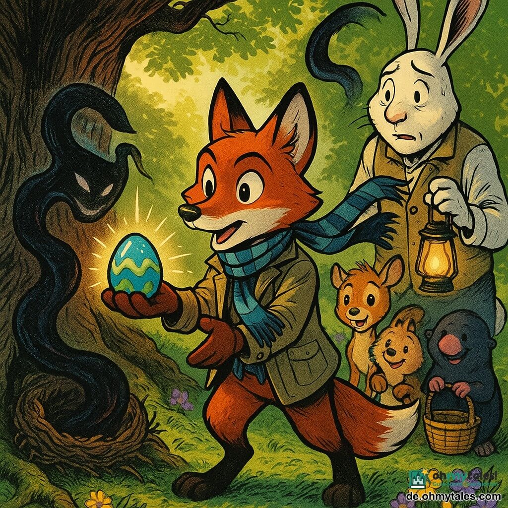 Fynn der Fuchs (Hauptfigur): junger rotgoldener Fuchs mit glänzendem Fell, lebhaften Augen und sanft entschlossener Miene, steht auf den Hinterbeinen und reicht eine blau verzierte Welleier; leichte Jacke, gestreifter Schal im Wind. Herr Hoppel der Hase (nebenfigur): großer weißer Hase mit Westentaschen, besorgt-ermutigender Blick, hält eine warme Laterne, steht rechts hinter Fynn und lehnt sich vor als stütze. Die Schattenschleife (magische Nebenfigur): geschlängelte Schattenbahn wie dunkler Rauch mit schimmernden Rändern, gesichtsähnliche Andeutung ohne klare Augen, zögernd und neugierig, umschlingt ein Nest am Fuß einer alten Eiche links vom Fuchs. Helfende Kinder (Nebenfiguren): drei niedliche Tierkinder (Igel, Rehkitz, Maulwurf), staunende Zuschauer mit lächelnden Gesichtern, bilden eine kleine Reihe hinter Fynn, haben geflochtene Körbe. Ort: unter einer großen Eiche im Park, verwurzelter Boden mit grünem Moosteppich, Frühlingsblumen gelb und violett, goldenes Morgenlicht durch Blätter, hölzerne Schilder „Osterzonen“ im Hintergrund. Hauptsituation: Moment des Friedens und Bündnisses — der Fuchs reicht ein glänzendes Ei an den Schatten, die Laterne wärmt die Szene, der Schatten zögert und verschlingt das Ei nicht; warme Atmosphäre, kräftige Farben, klare Kontraste, comicähnliche Details (Bewegungslinien, kleine funkelnde Sterne um das Ei).