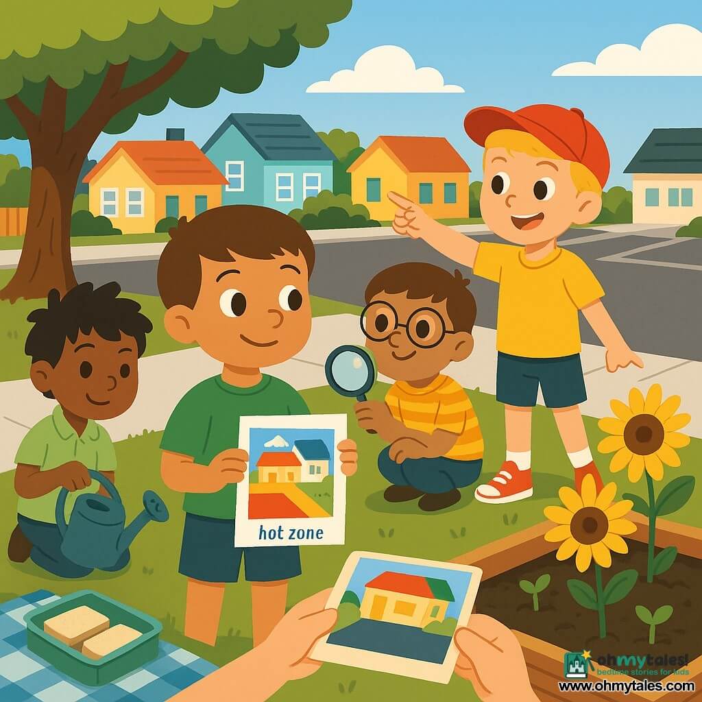 Four 5‑year‑old boys: Noah (short brown hair, green T‑shirt, blue shorts) stands center left holding a small colorful map and looking at his friends; Liam (blond hair, red cap and sneakers) stands right of Noah smiling and pointing toward the parking; Oliver (round glasses, yellow striped shirt) stands just behind Noah with a magnifying glass inspecting the warm ground; Ethan (messy black hair, light green polo) stands left of Noah holding a small blue watering can ready to water plants. Setting: a sunny neighborhood corner with a large shaded oak on the left, a wide gray parking area in the back right, and a small community garden in the front right with wooden beds, dark moist soil, sunflowers and young green shoots; light sidewalk and low colorful houses in the background under a blue sky with a few clouds. Main scene: the boys have a shaded picnic near the garden and are planning to plant seeds—sandwiches in reusable boxes on a blanket, hands holding a watering can and a map labeled "hot zones," visually contrasting the hot parking behind and the shaded green garden in front.