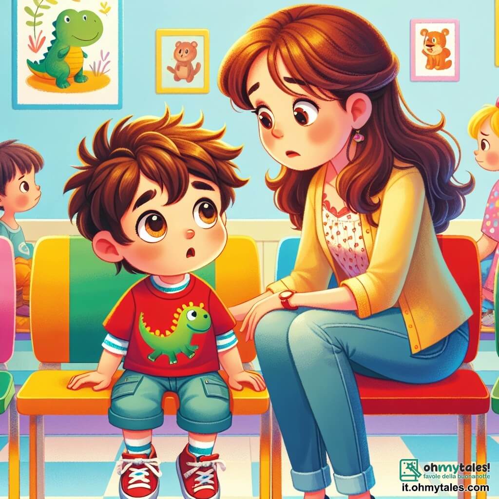 Un bambino di 4 anni, di nome Marco, con capelli castani arruffati e grandi occhi curiosi, guarda intorno a sé con un'espressione sia preoccupata che affascinata. Indossa una maglietta rossa con un dinosauro e un pantaloncino blu, seduto su una sedia colorata in una sala d'attesa. Accanto a lui, sua madre, una donna sulla trentina con capelli lunghi e castani, lo guarda con un sorriso rassicurante, vestita con una blusa leggera e jeans. È inginocchiata alla sua altezza, tenendogli la mano per sostenerlo. La sala d'attesa è luminosa, con pareti dipinte di giallo pastello, disegni di animali appesi ovunque e un angolo giochi pieno di giocattoli colorati e libri illustrati. In questa scena, Marco attende ansiosamente il suo turno per vedere il dottore, circondato da altri bambini che giocano, ma si sente un po' perso in questo ambiente nuovo e sconosciuto.