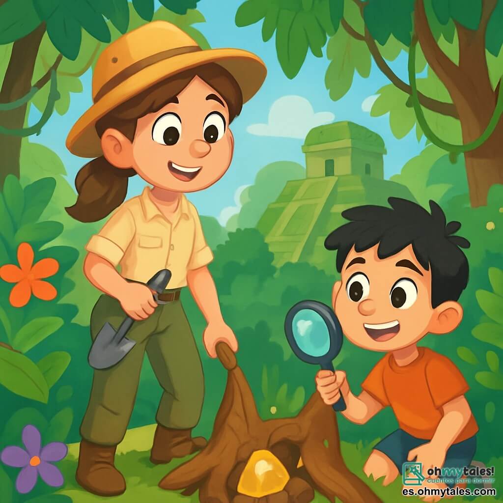 Una arqueóloga llamada Sofía está de pie en una colina verde, con los ojos brillantes de curiosidad y emoción. Tiene el cabello castaño recogido en una coleta, lleva un sombrero de paja, una camisa ligera de manga corta y pantalones cargo. En sus manos sostiene una pequeña pala, lista para desenterrar un tesoro escondido. Cerca de ella, un niño de 10 años, su asistente Diego, observa atentamente con una lupa. Tiene el cabello negro desordenado, lleva una camiseta colorida y shorts, y sonríe entusiasmado al mirar a Sofía. El escenario es una jungla exuberante, con árboles gigantes, lianas y flores tropicales que añaden color. A lo lejos, se ven ruinas antiguas cubiertas de musgo, testigos de una civilización olvidada. Sofía descubre un objeto brillante entre las raíces de un árbol, su corazón late con fuerza, pues sabe que podría estar a punto de hacer un descubrimiento increíble.