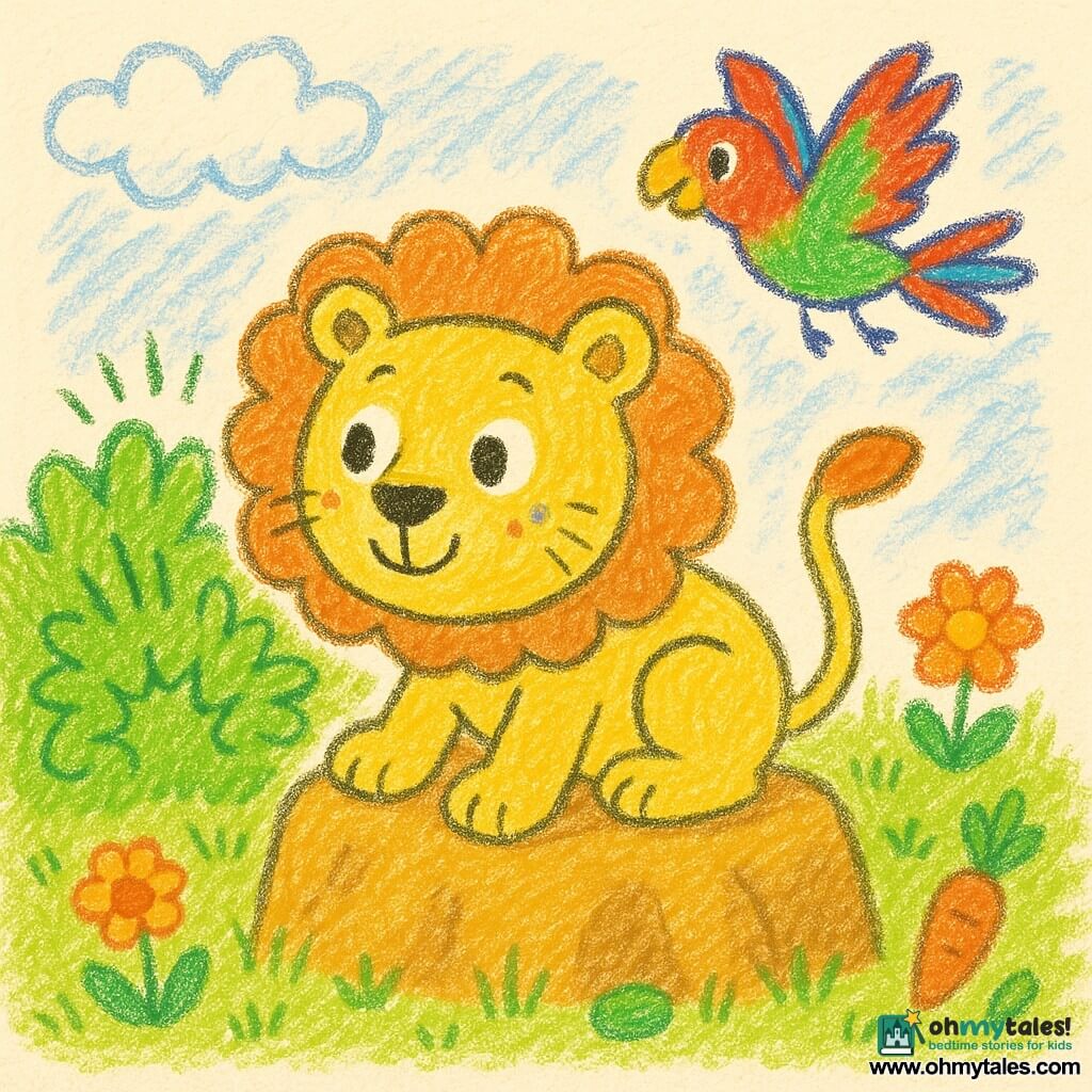 A light-yellow lion with an orange mane sits on a warm rock, round face and wide eyes, joyful curious expression, soft tousled mane and front paws forward as if about to jump, looking toward a bright green bush that makes "POP! BOING!" surprise sounds; a colorful parrot with red, green and blue feathers flies mid-height to the lion's right above the rock with wings spread and a joyful cry; sunny meadow with green grass, round flowers, a few drawn vegetables, pale blue sky and fluffy clouds; thick pencil strokes, flat bright colors, simple outlines and rounded shapes, clear joyful composition for toddlers; no humans.