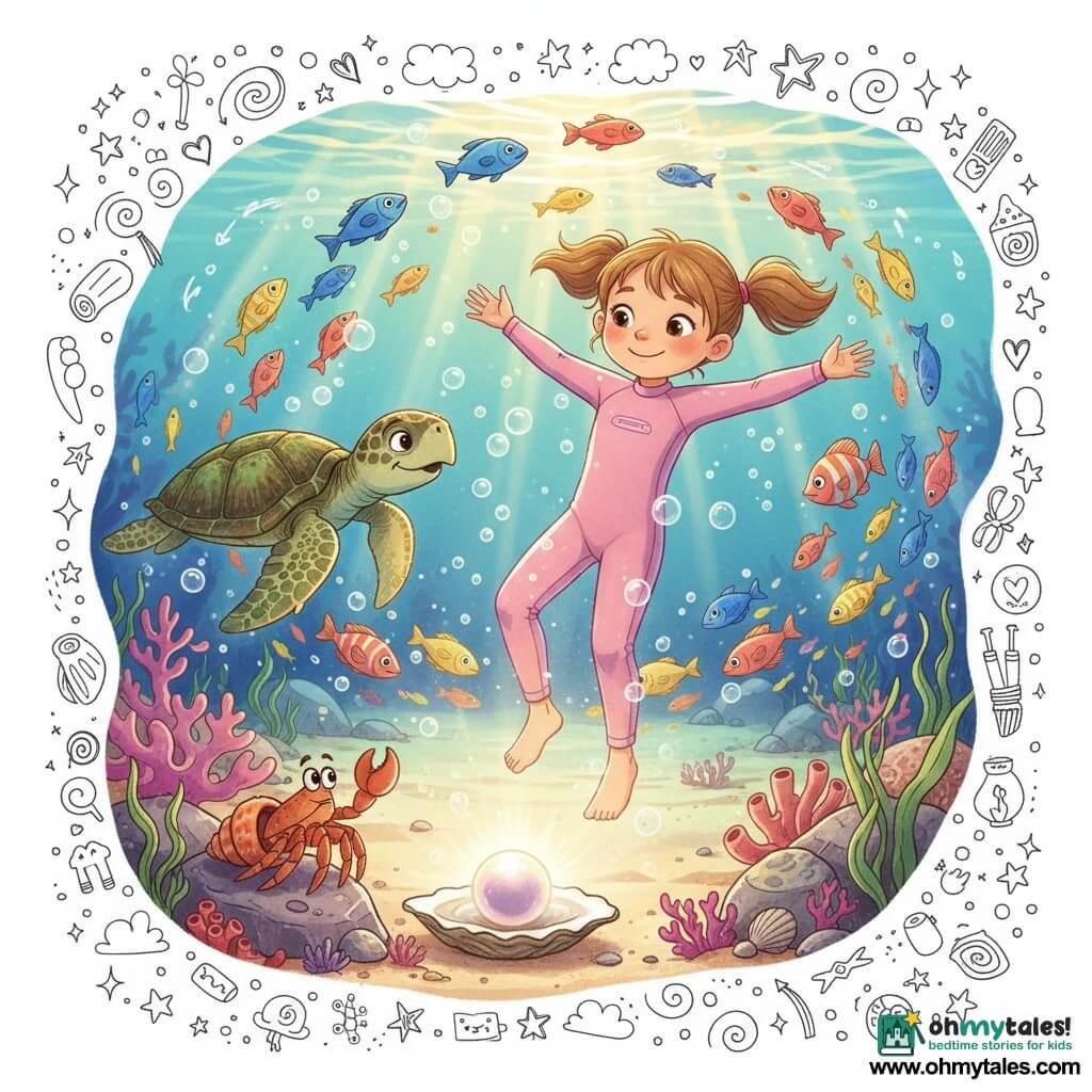 Six-year-old girl, serene and amazed, big smiling eyes, light brown hair in two braids, wearing a pale pink wetsuit; she floats peacefully at the surface with arms outstretched, looking down at a glowing pearl inside an open oyster on the sandy bottom. A wise old sea turtle with mossy green and brown textured shell swims slowly to her left, tilting its head as if encouraging her, mid-water. A small curious orange-red crab raises a claw in greeting from a coral rock near the shimmering light. A school of cobalt blue, lemon yellow and coral-striped fish circles the girl with sparkling bubbles and iridescent reflections. Setting: a clear underwater cove with pale sand, pink and purple coral clusters, swaying green seaweed and shell-covered rocks, golden light filtering from above and a pearly halo from the oyster; mood magical, vivid colors, detailed textures, composition focused on the gentle bond between the girl and the marine creatures.