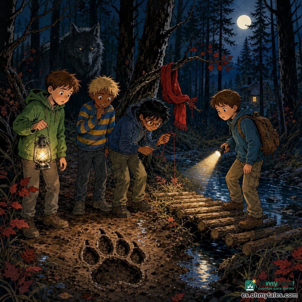 Hay 5 personajes: Bruno, 7 años, pelo corto castaño, chaqueta verde con capucha, sostiene una pequeña lámpara de aceite, a la izquierda mirando una gran huella en el barro; Nico, 7 años, pelo rubio despeinado, suéter a rayas azul y amarillo, sonríe nervioso, ligeramente delante a la derecha de Bruno; Leo, 7 años, pelo negro y gafas redondas, bufanda roja enganchada a una rama, en el centro inclinado examinando un hilo rojo; Tomás, 7 años, pelo castaño, pequeña linterna y mochila marrón, a la derecha iluminando un puente de troncos; El Gran Lobo, gran silueta oscura, pelaje gris plateado, ojos amarillos brillantes, en sombra detrás de los árboles mirando a los niños. Lugar: sendero estrecho junto a un pinar nocturno, suelo embarrado con huellas profundas, troncos negros y ramas retorcidas con pocas hojas rojas, un pequeño puente de troncos sobre un arroyo oscuro que refleja la luna y una casa lejana con una ventana amarilla cálida entre los árboles. Situación: los cuatro niños sostienen una lámpara y observan una enorme huella cerca del puente; el hilo rojo está colgado en una rama sobre ellos y la silueta del lobo aparece en sombra detrás, creando una atmósfera de misterio y leve temor.