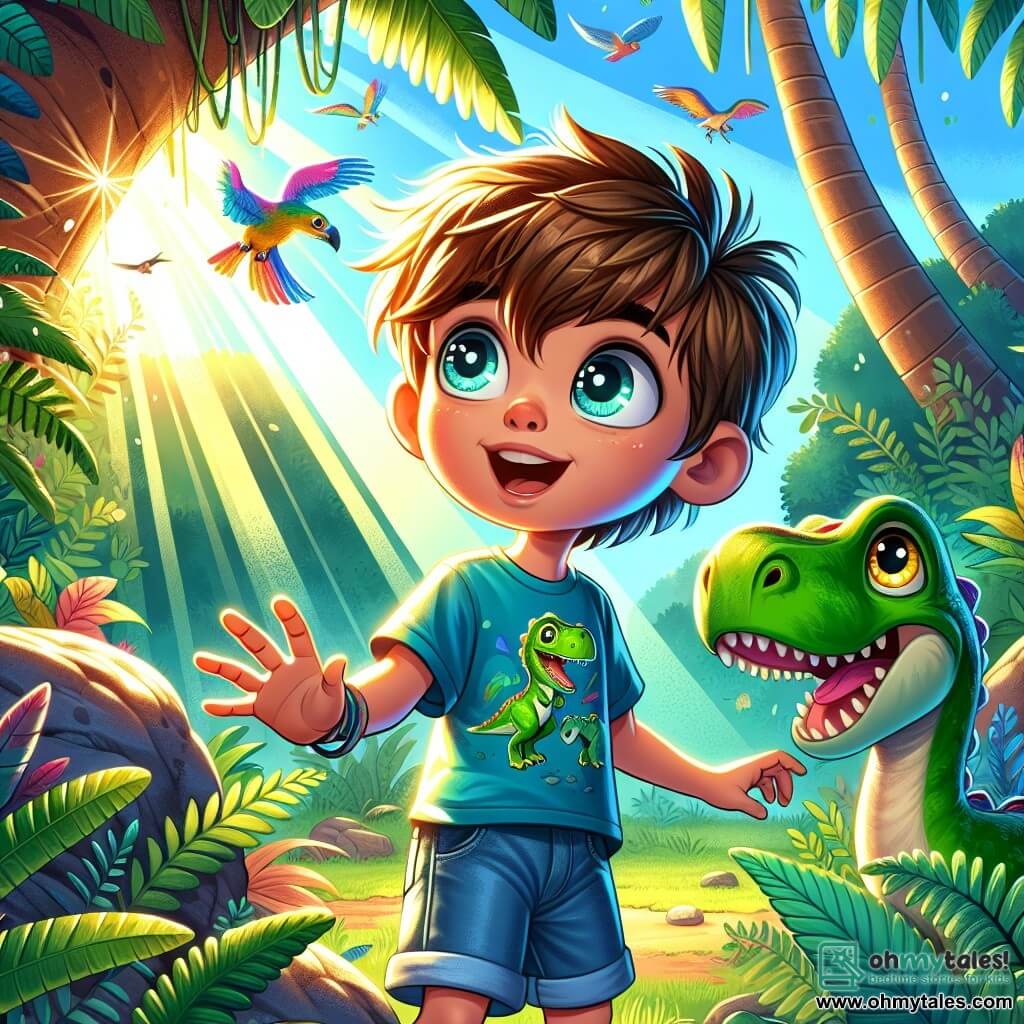A 12-year-old boy, Max, with tousled brown hair and sparkling curious eyes, stands at the center of the scene, a look of wonder on his face. He wears a blue t-shirt with a dinosaur pattern and denim shorts. Next to him, a small green dinosaur with yellow eyes, appearing friendly and curious, rubs against his leg, adding a touch of magic to the image. In the background, a lush jungle stretches as far as the eye can see, with giant ferns and massive tree trunks, while colorful birds fly overhead, creating a vibrant and lively atmosphere. Sunlight filters through the foliage, casting dancing shadows on the ground. The main focus shows Max, amazed, exploring this prehistoric world, while the dinosaur watches him with curiosity, ready to accompany him on this incredible adventure.