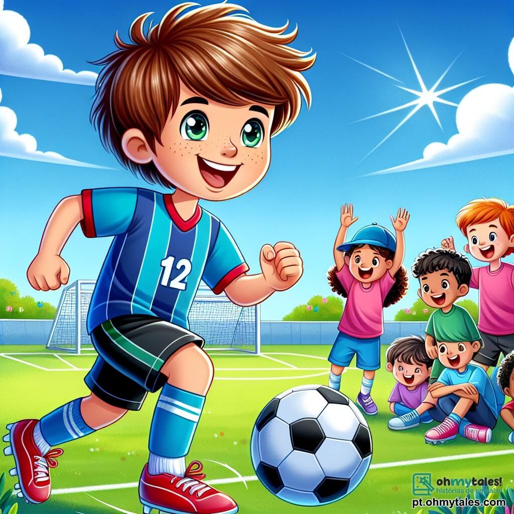 Um garoto chamado Rui, com cerca de 12 anos, está no centro da imagem, sorrindo entusiasticamente. Ele usa uma camisa de futebol azul brilhante, shorts pretos e tênis vermelhos. Seus cabelos castanhos estão bagunçados e seus olhos brilham de excitação enquanto dribla uma bola de futebol em um campo ensolarado. Ao seu lado, uma menina chamada Inês, de 11 anos, com cabelos longos e cacheados, veste uma camiseta rosa e shorts azuis. Ela o incentiva com um grande sorriso, levantando os braços. Outro garoto, Pedro, de 10 anos, tenta driblar, com os olhos arregalados de concentração e um boné vermelho na cabeça. O campo é um espaço verde, cercado por pequenas árvores e cercas brancas, sob um céu azul claro com algumas nuvens brancas. Colegas de classe estão sentados ao lado, aplaudindo e rindo, criando uma atmosfera alegre e animada. A cena principal mostra Rui em ação, driblando a bola com agilidade, pronto para passar para sua amiga Inês, enquanto Pedro tenta defendê-lo. A energia e a excitação do jogo são palpáveis, ilustrando a paixão pelo futebol e o espírito de equipe.