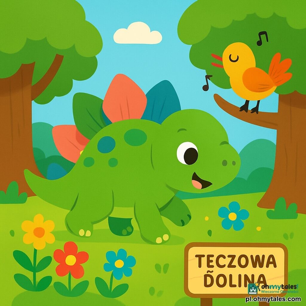 Mały stegozaur o imieniu Steguś, z grzbietem pokrytym dużymi kolorowymi płytkami w zielonym, niebieskim i różowym kolorze, ma radosny i ciekawy wyraz twarzy, gdy eksploruje Tęczową Dolinę. Obok niego kolorowy ptak, ptakodino, z jaskrawymi żółtymi i pomarańczowymi piórami, wesoło śpiewa na gałęzi drzewa, dodając radosnej atmosfery. Tęczowa Dolina jest wypełniona wielokolorowymi kwiatami, dużymi drzewami o grubych pniach i łagodnymi wzgórzami pod jasnoniebieskim niebem. Steguś, pełen energii, z entuzjazmem podchodzi do grupy migoczących kwiatów, gotowy do odkrycia nowej magicznej przygody.