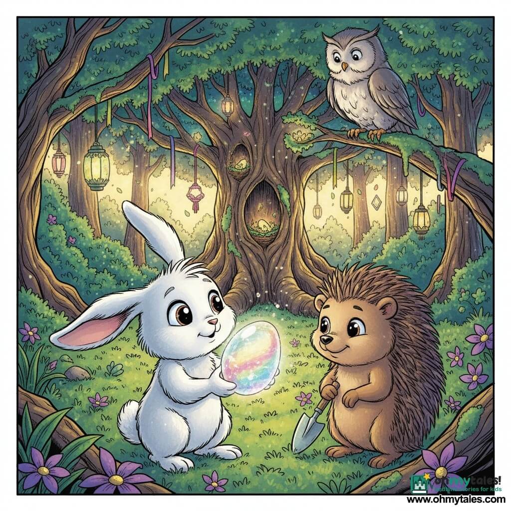A small white rabbit (main character) with round bright eyes, fluffy fur and long ears, looking amazed and curious, gently holding a translucent egg that shimmers with swirling colors; beside him stands Hazel, a brown hedgehog with silky quills and a shy smile, admiring the egg and holding a small garden trowel, slightly to the right; above, a wise old grey owl perched on a low branch watches the scene with a gentle, pensive gaze. The setting is an enchanted clearing surrounded by dense trees, green moss, purple flowers and colorful lanterns; at the center, a large ancient tree with gnarled roots is decorated with ribbons and small glowing nests. The mood is bright and magical, golden sunlight filtering through leaves, iridescent reflections on the egg and drifting pollen. Main moment: discovery of a translucent magical egg, shared wonder and an intimate joyful moment between friends. Graphic style: clean lines, saturated yet soft colors, hand-drawn textures, composition centered on the characters and tree.