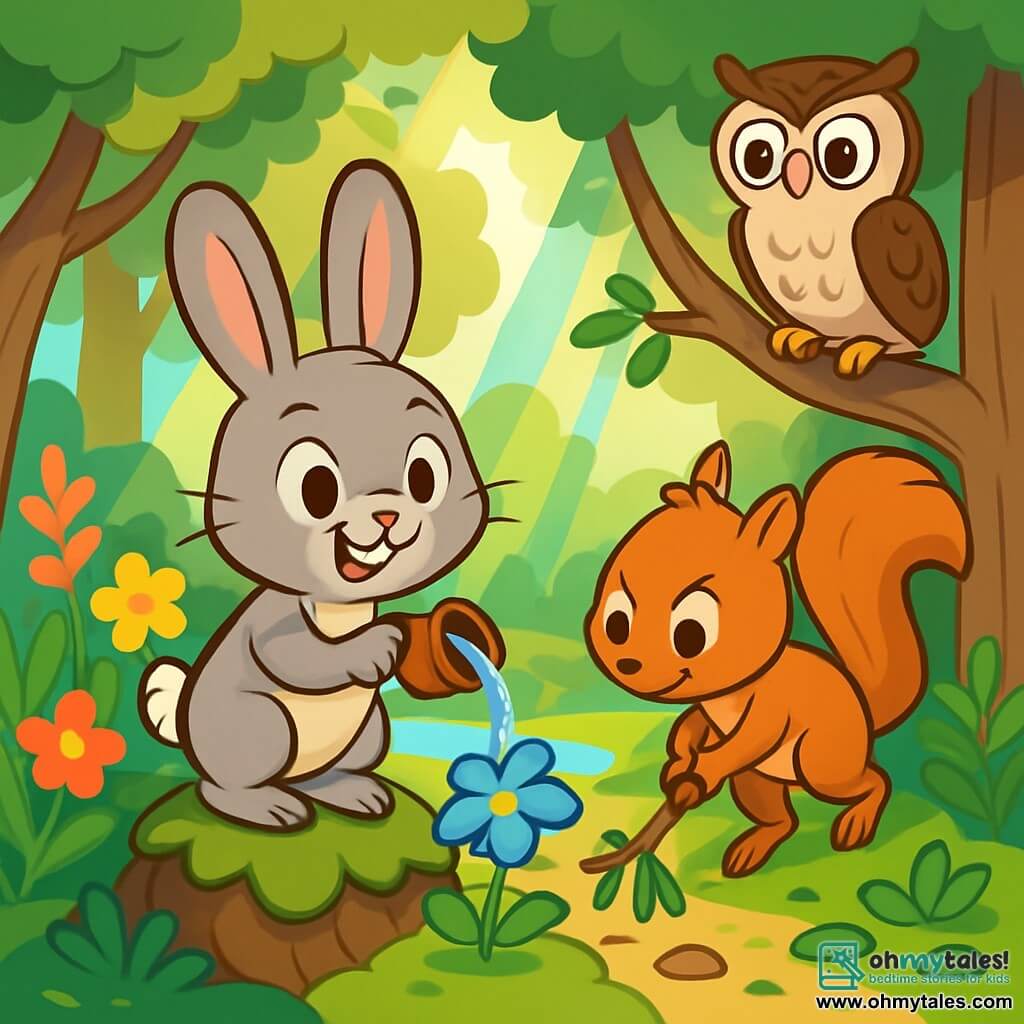 Willow, a small rabbit with big ears and soft gray fur, stands on a small mound of moss, her eyes sparkling with excitement and a broad smile on her face. She holds a small acorn cup filled with water, ready to water a thirsty blue flower at her feet. Next to her, Pippin, a squirrel with reddish fur and a bushy tail, climbs a low branch with determination, holding a small twig in his paws to clean the ground. Further away, Luna, an owl with white and brown feathers, perches on a branch, her large round eyes observing the scene closely, with a proud expression on her face. The scene takes place in the Misty Moss forest, where rays of sunlight filter through the dense foliage, illuminating colorful flowers and lush ferns. The ground is scattered with green leaves and small pebbles, and a sparkling stream flows in the background, adding a touch of freshness to the environment. Willow and her friends work together to water the plants and clean the forest, showing their determination to protect their home and make it greener and happier.